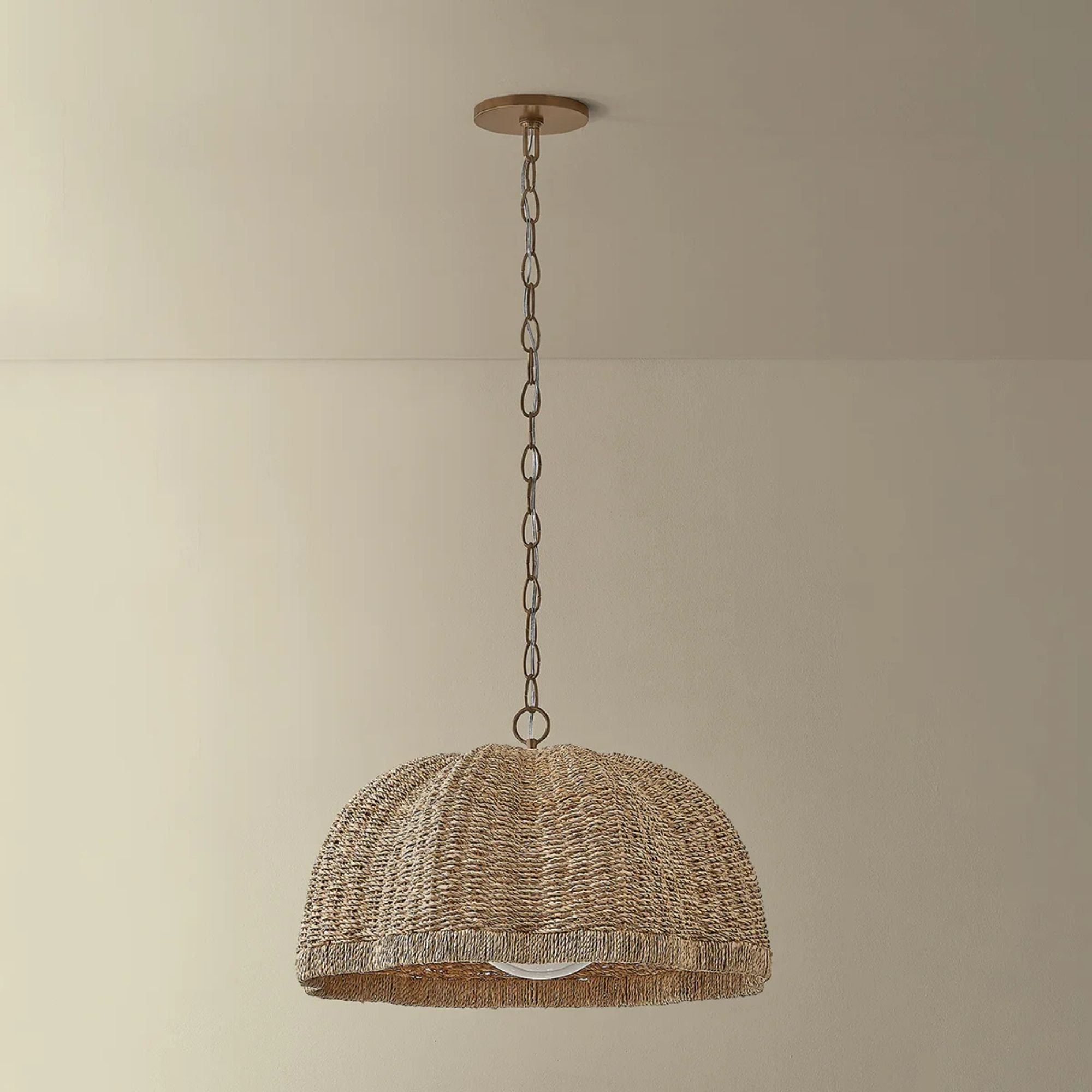 Troy Jack 24 in. Pendant Light, Patina Brass with Natural Woven Shade & Clear Cloud Seeded Glass