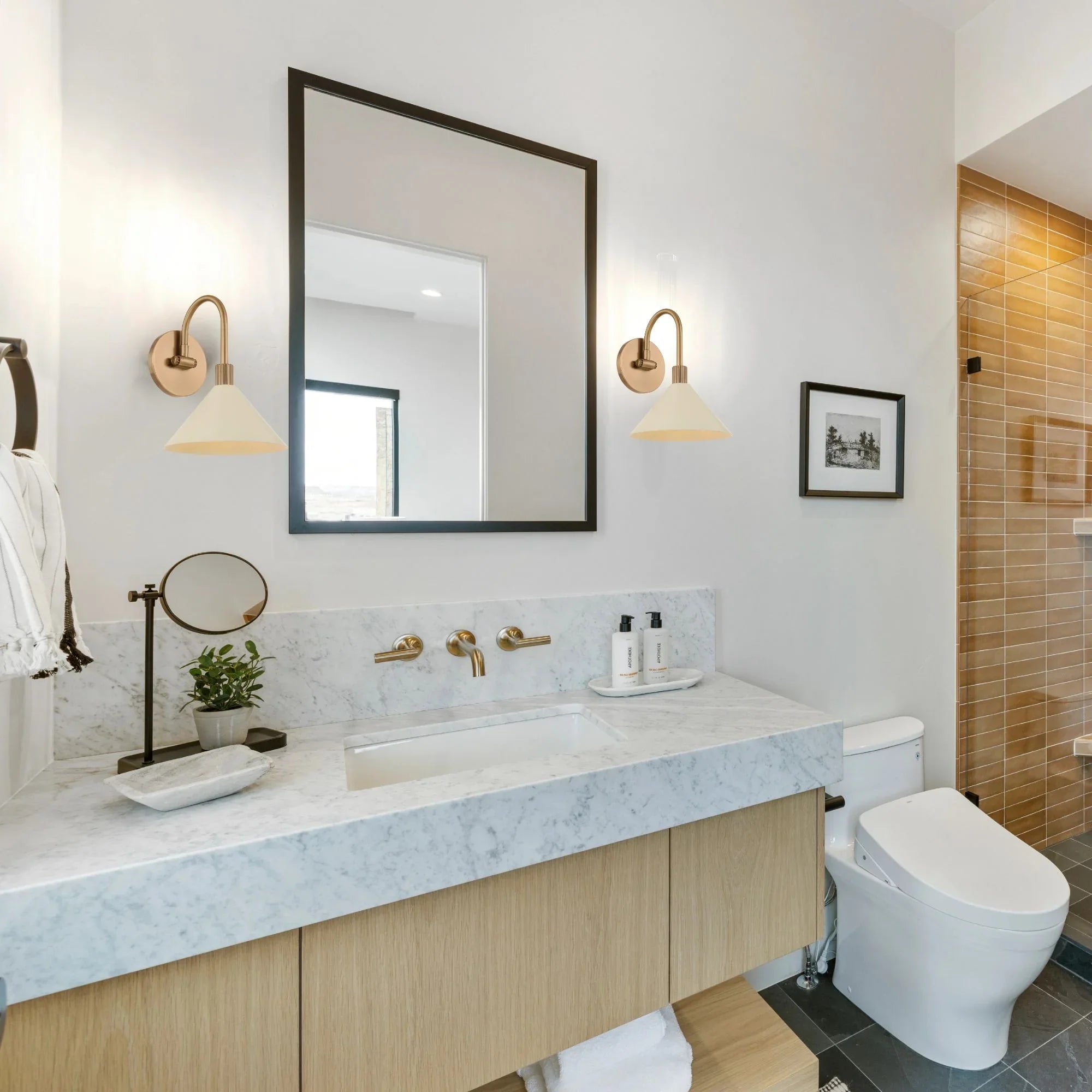 Jovani 10" Bath Sconce, Patina Brass/Soft Sand Finish