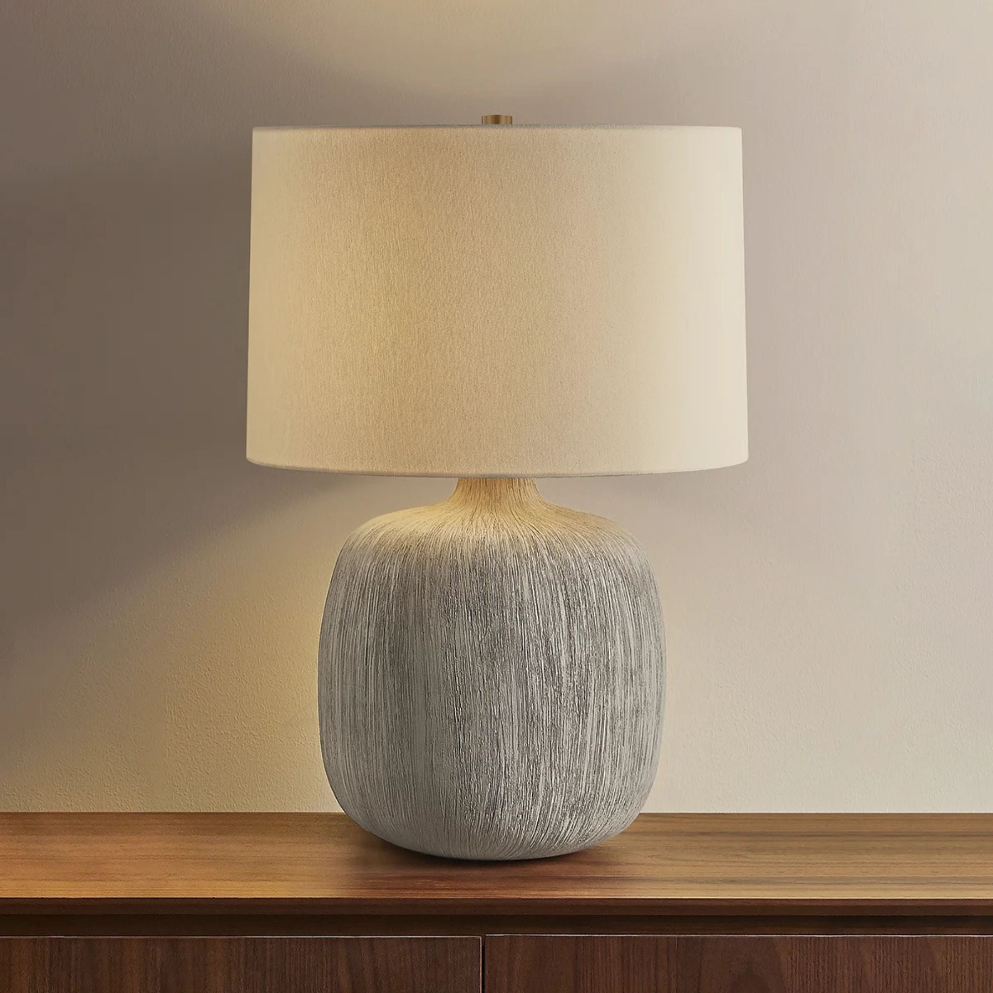 Keagan 24 in. Table Lamp, Patina Brass with Ceramic Stria Wheat & Off-White Linen Shade