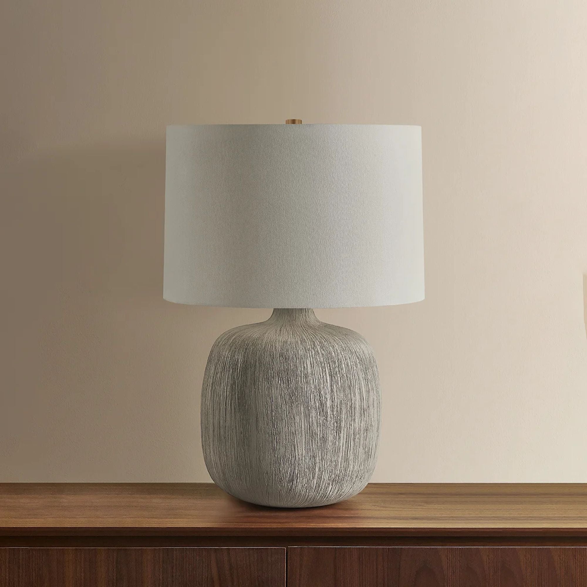 Keagan 24 in. Table Lamp, Patina Brass with Ceramic Stria Wheat & Off-White Linen Shade