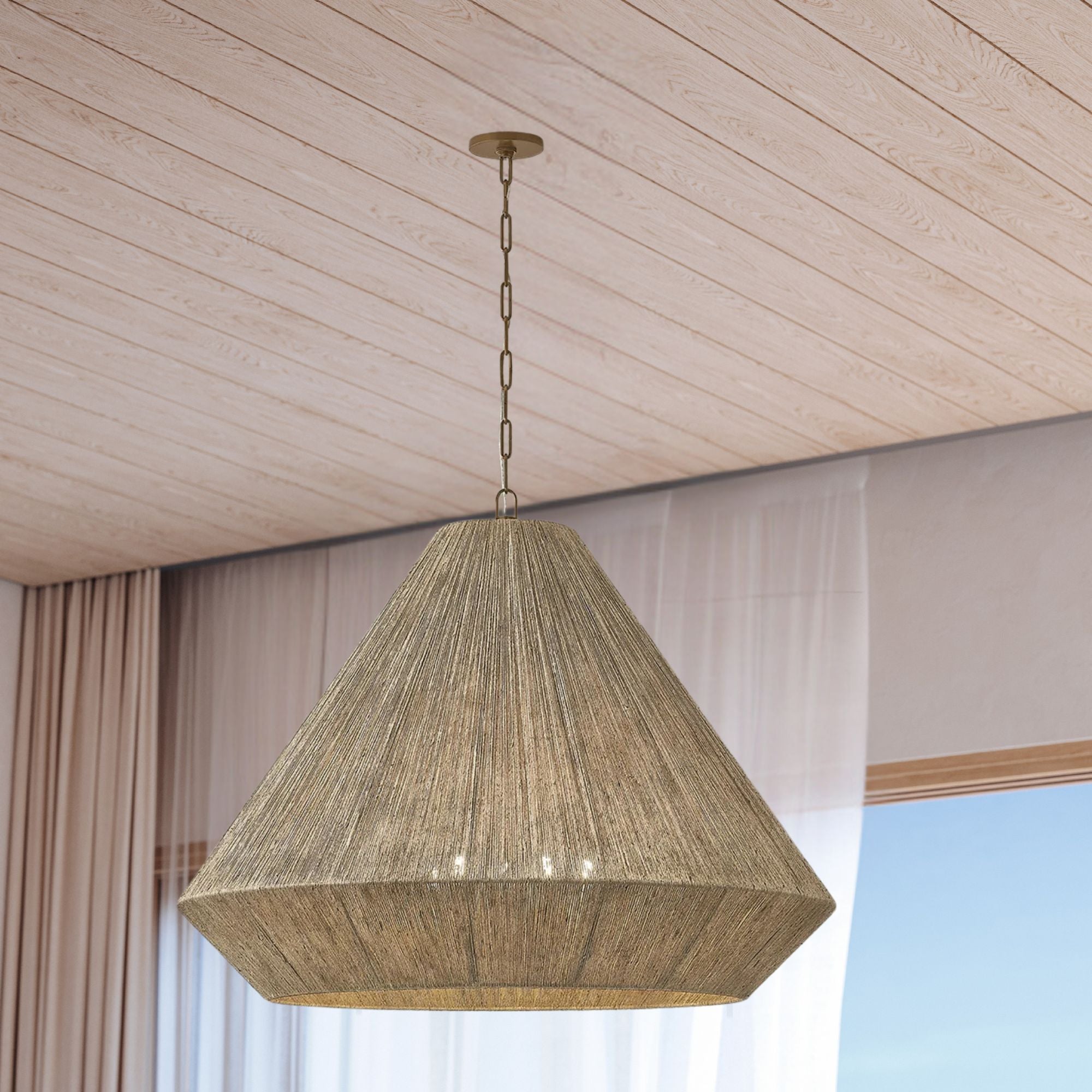 Keats 31.5 in. 5-Light Pendant, Patina Brass with Natural Woven Shade