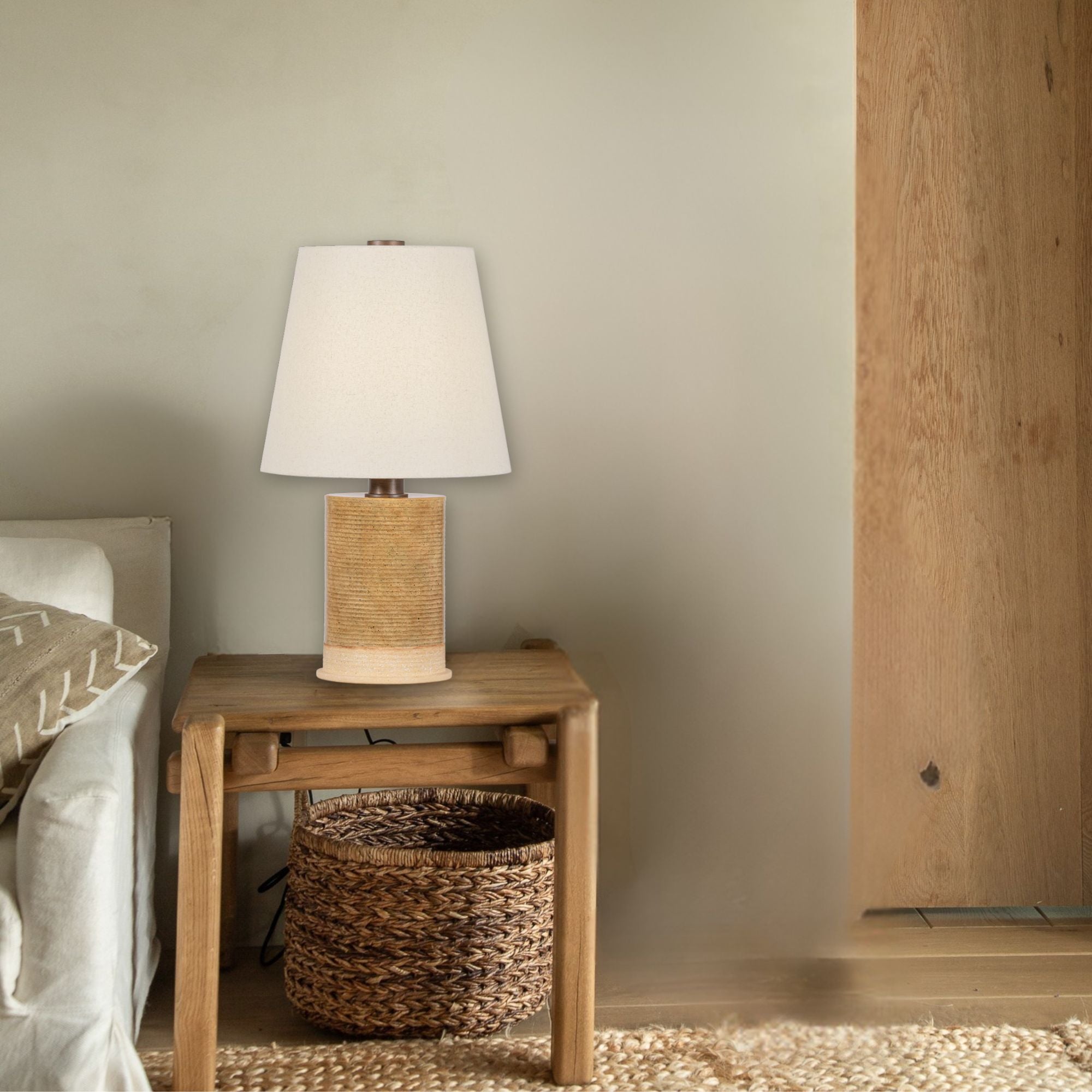 Kerwin 28 in. Table Lamp, Bronze Leaf with Ceramic Caramel Bisque & Natural Linen Shade