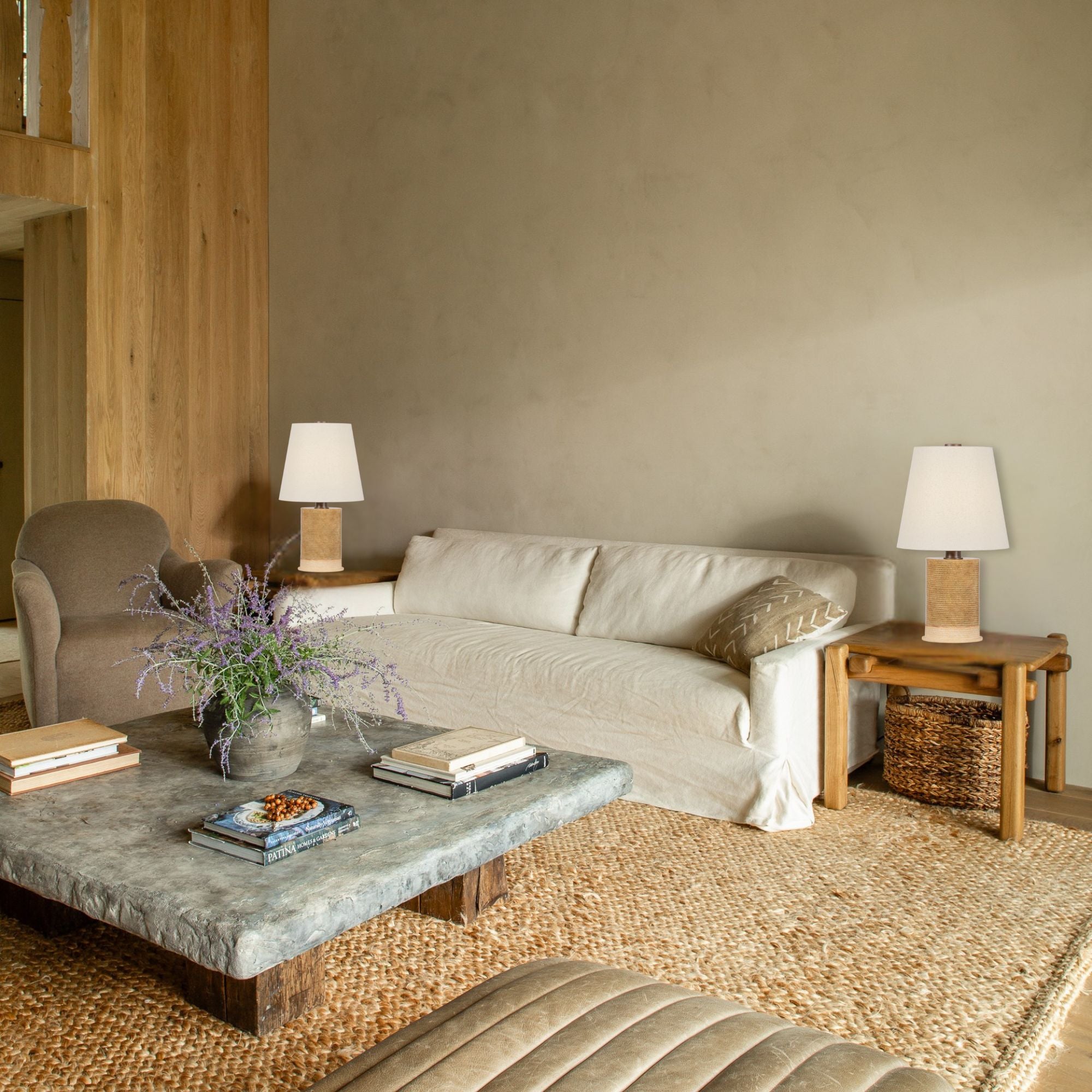 Kerwin 28 in. Table Lamp, Bronze Leaf with Ceramic Caramel Bisque & Natural Linen Shade