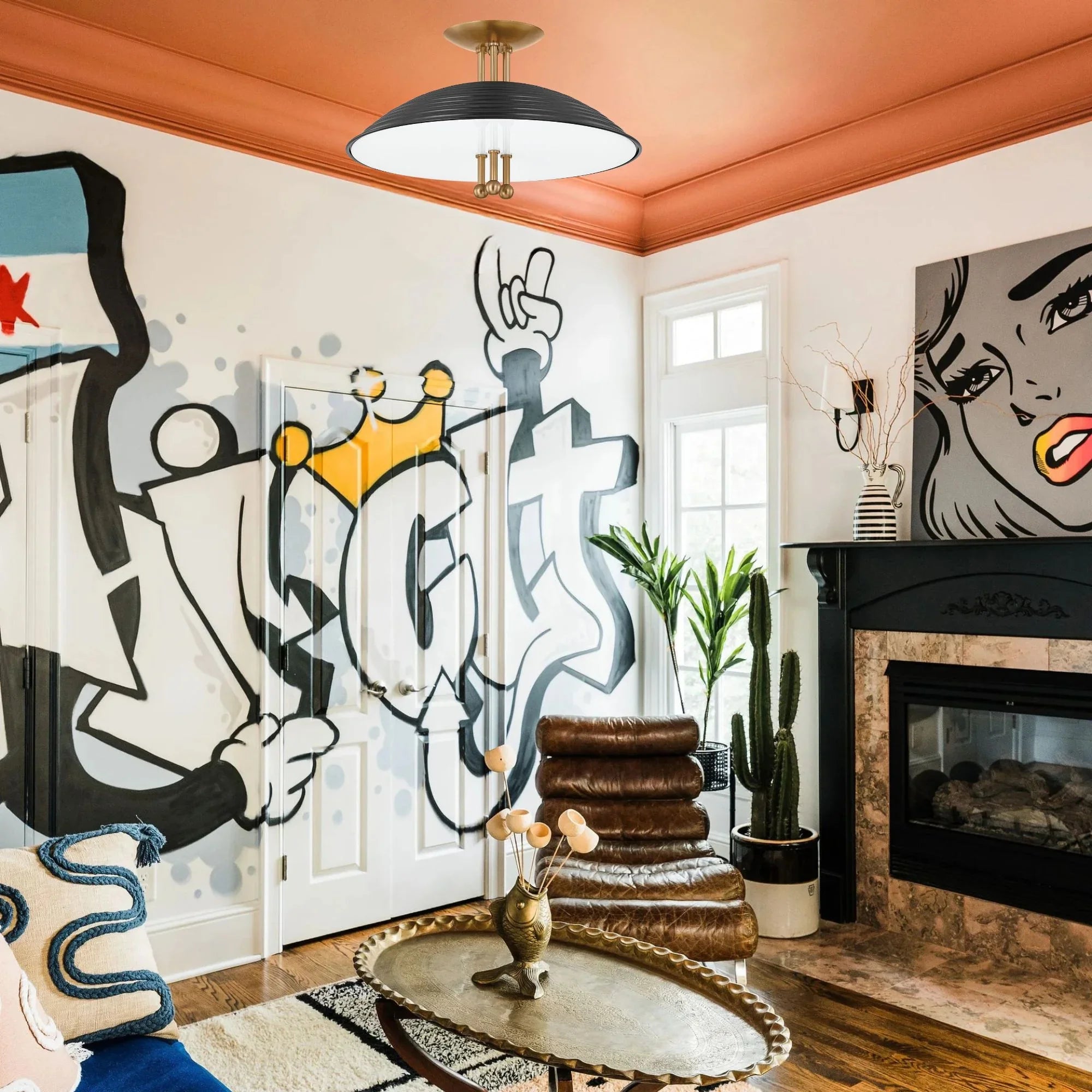 Larkin 16" 3-Light Semi Flush Mount, Patina Brass/Soft Black Finish