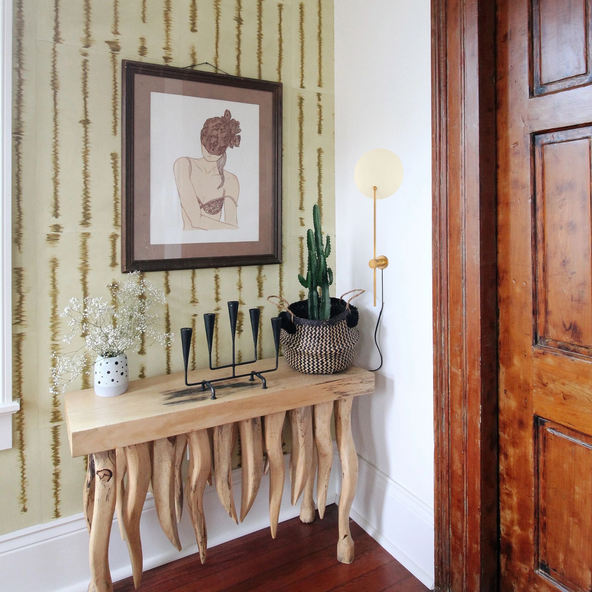 Leif 31" Plug-in Sconce, Patina Brass And Soft Sand Finish