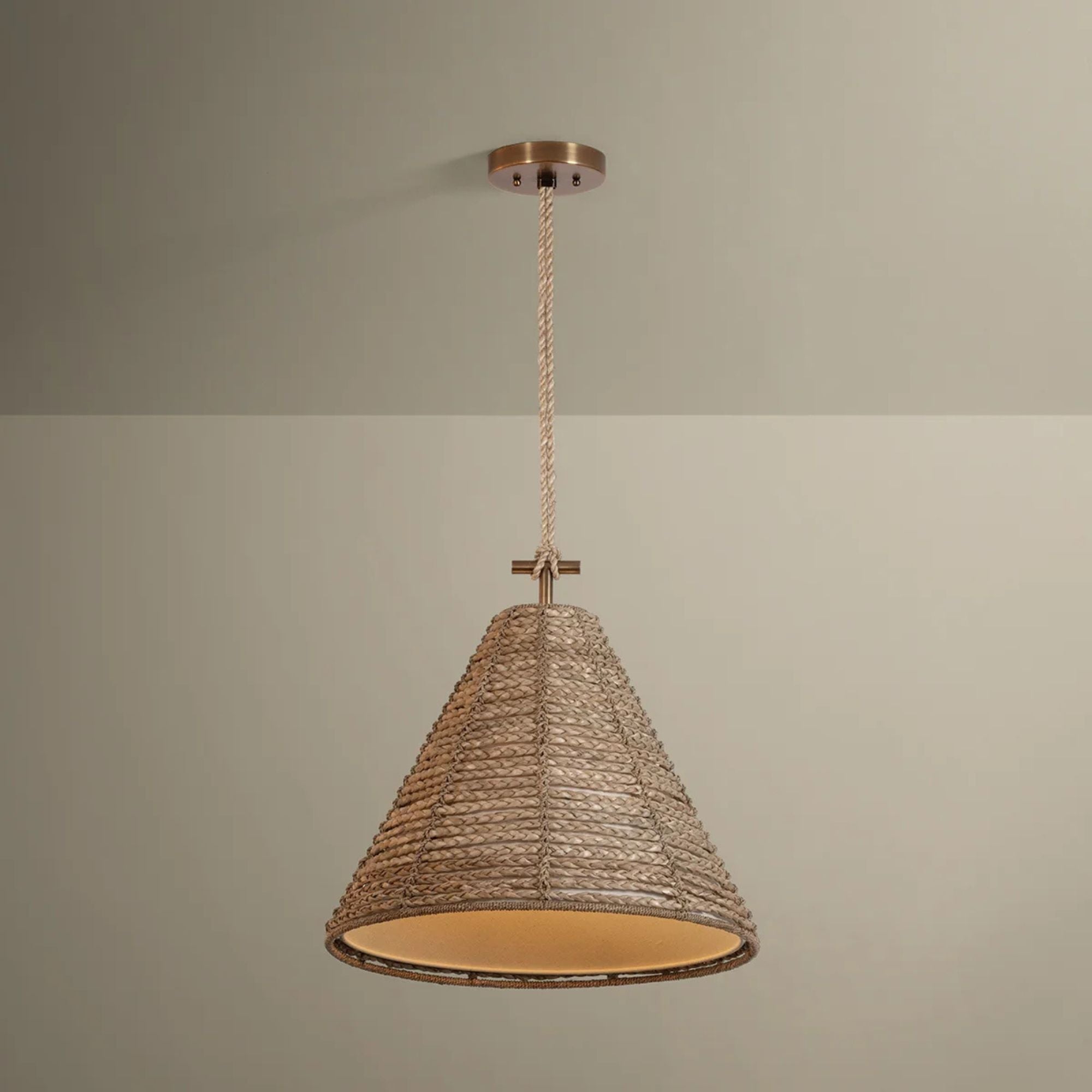 Troy Redwood 20 in. Pendant Light, Patina Brass with Natural Woven Fabric Shade