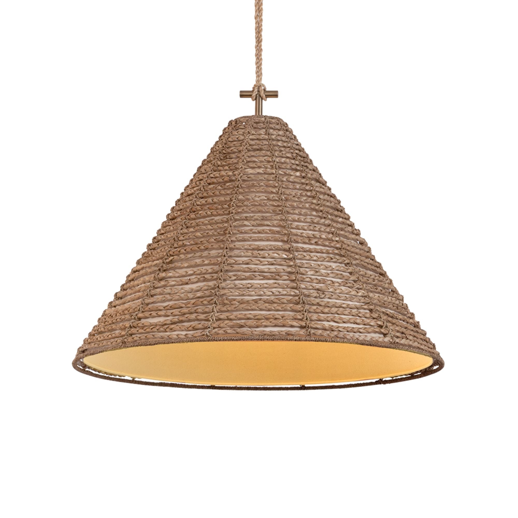 Troy Redwood 30 in. Pendant Light, Patina Brass with Natural Woven Fabric Shade
