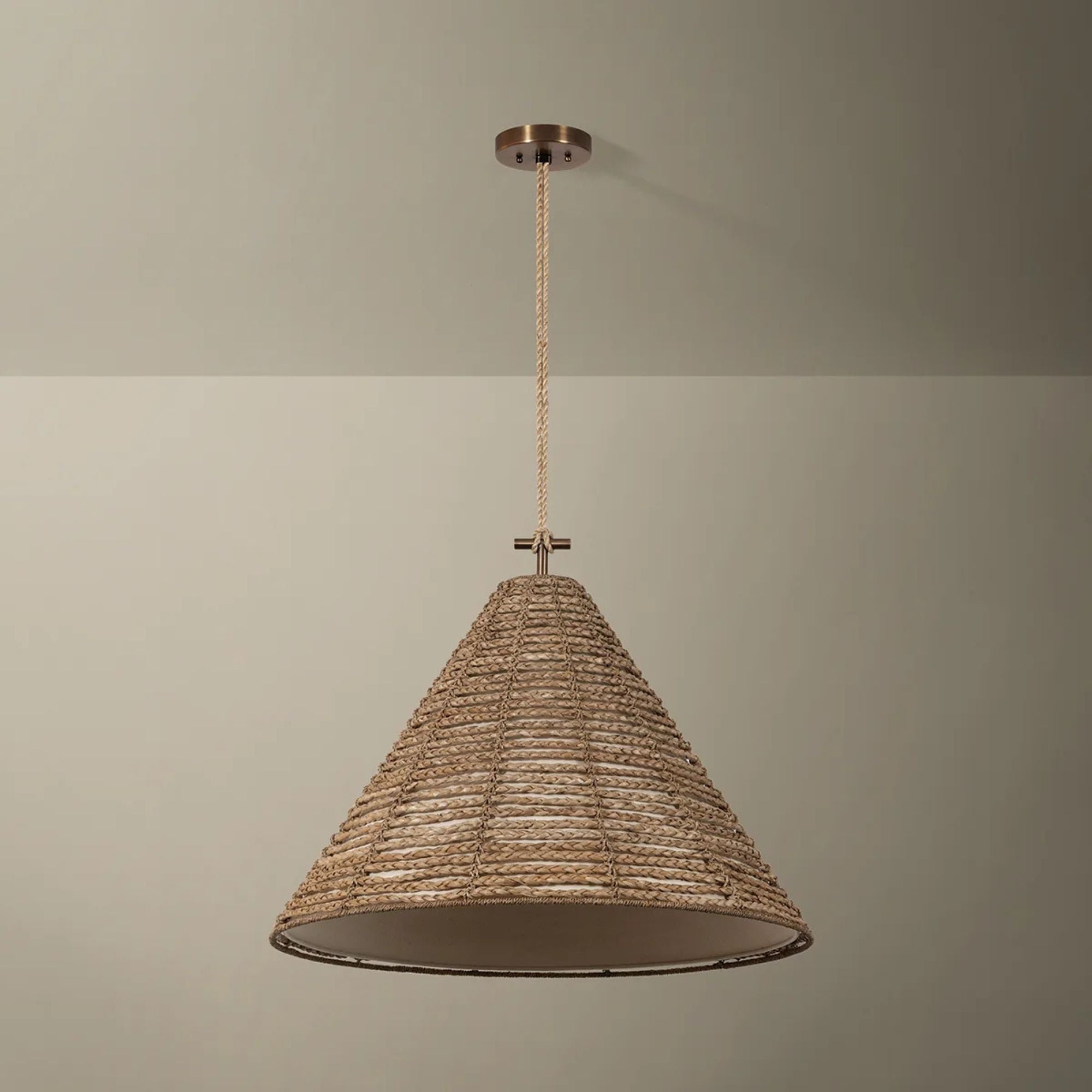 Troy Redwood 30 in. Pendant Light, Patina Brass with Natural Woven Fabric Shade