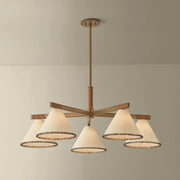 Patina brass 5-light chandelier with five white drum shades and rope-edged trim
