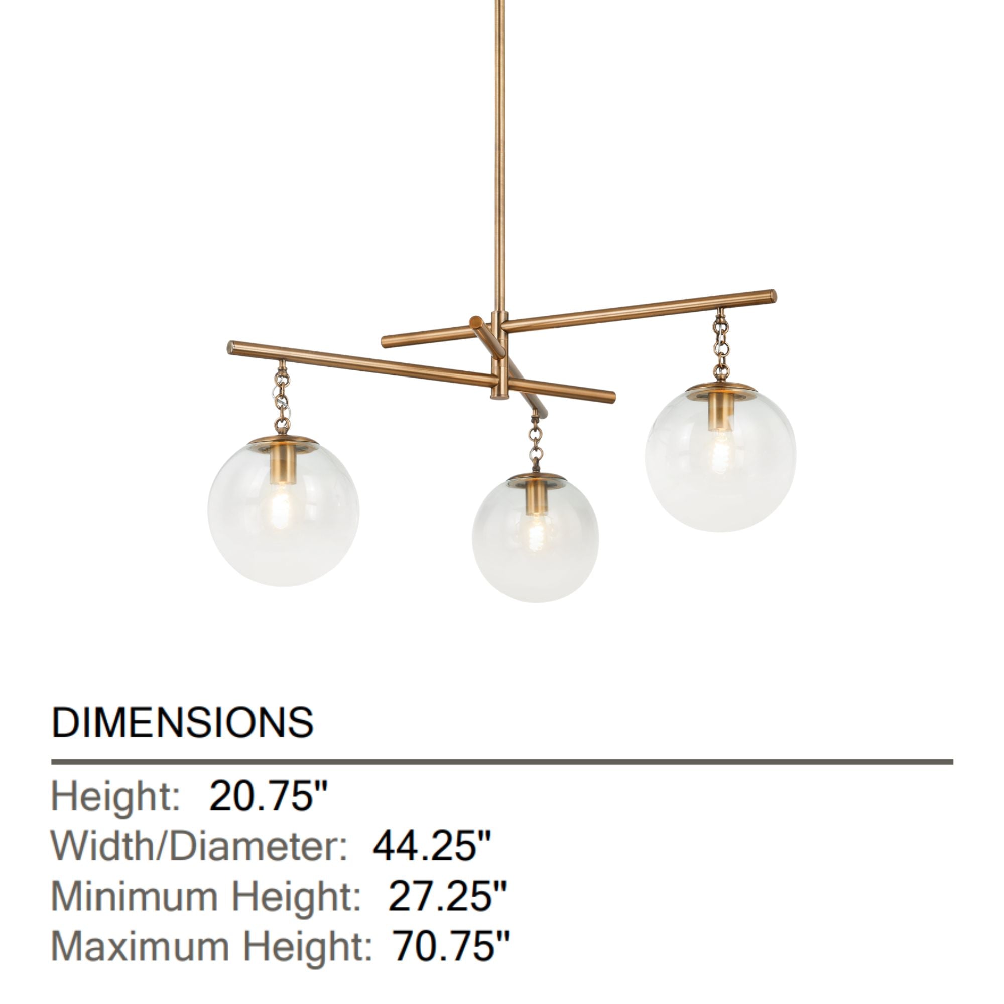 Wade 44" 3-Light Chandelier, Patina Brass Finish