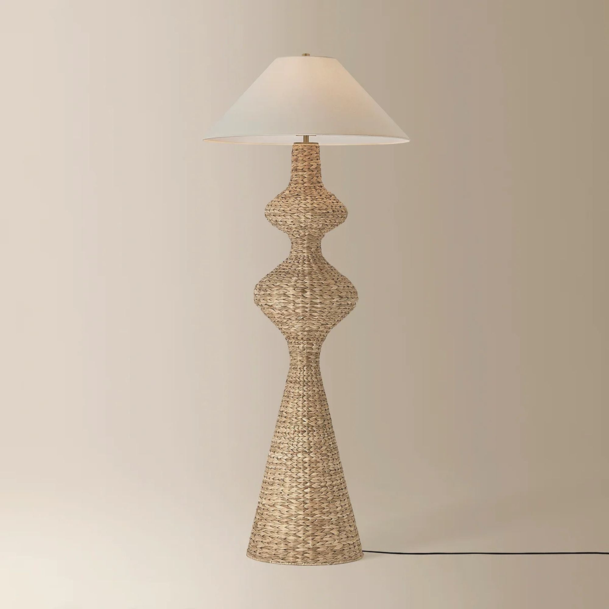 Troy Walter Floor Lamp, Patina Brass with Natural Woven Shade