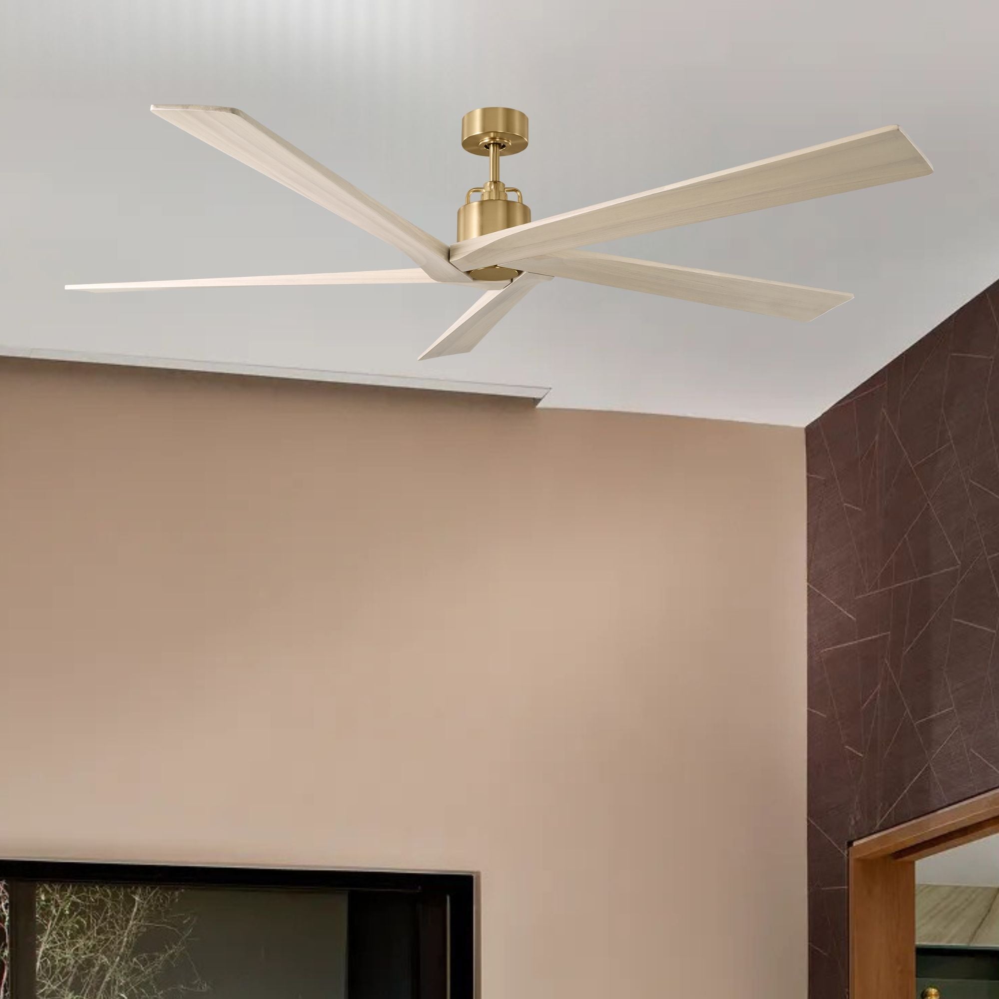 Aspen 70" Burnished Brass & White Oak Large Ceiling Fan with Remote