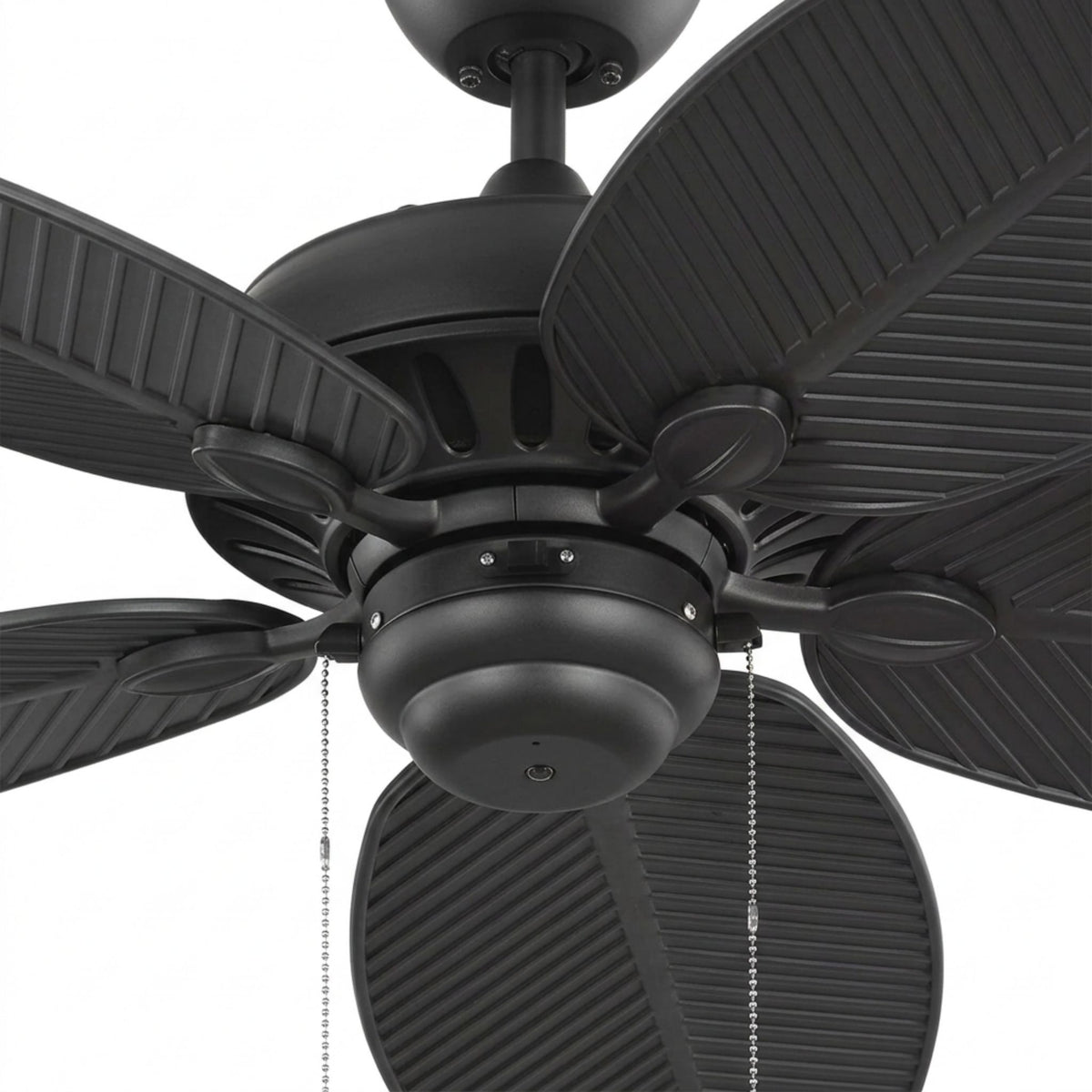 Matte black outdoor ceiling fan with pull chain and ribbed blades, close-up