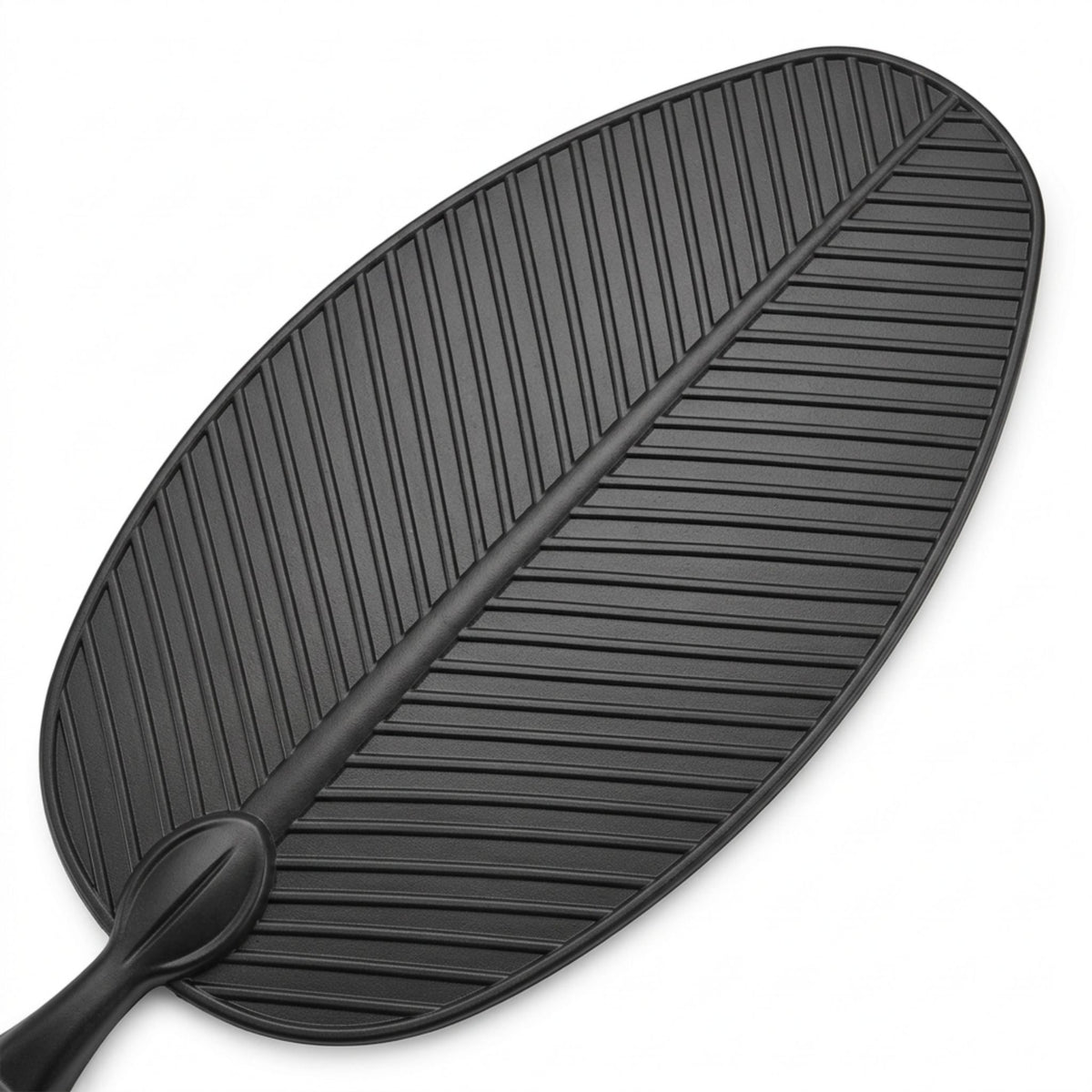 Matte black ceiling fan blade close-up with ribbed, curved design
