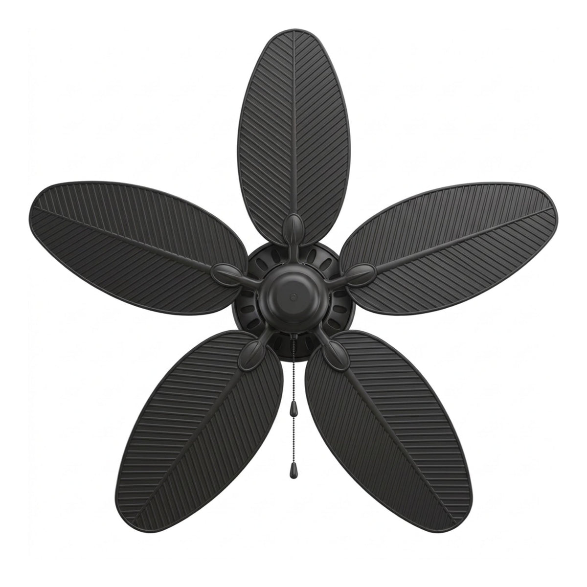 Matte black 52 in outdoor ceiling fan with five blades and pull chain, front view