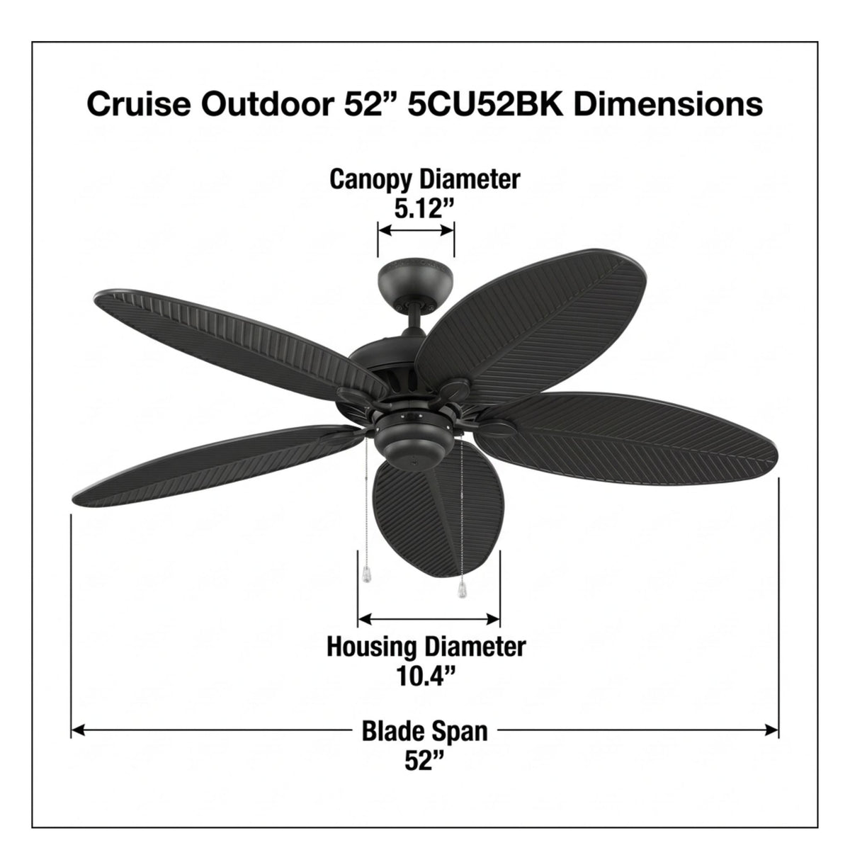 Ceiling fan dimensions diagram showing 52 in blade span and 10.4 in housing diameter