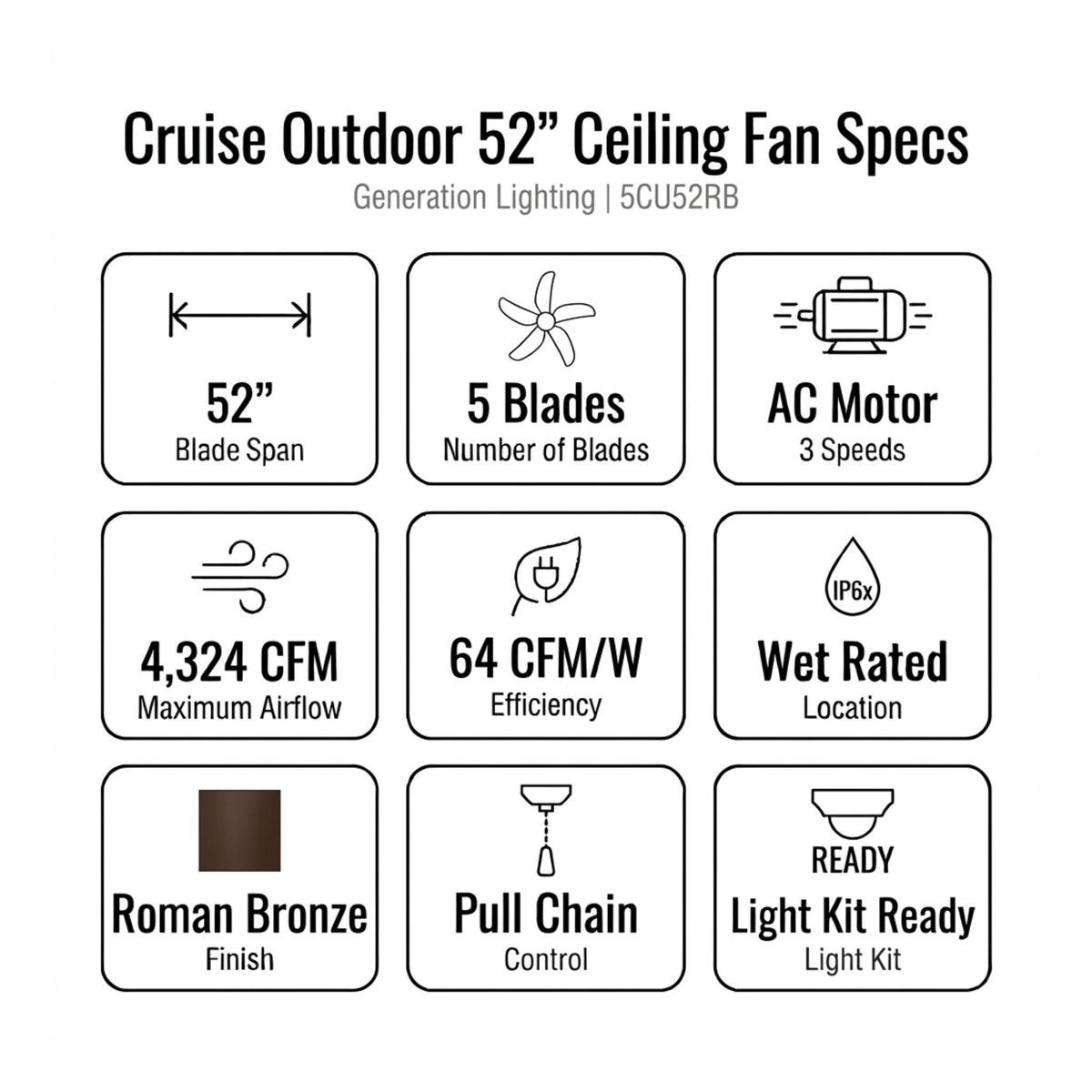 Generation Lighting - Cruise Outdoor 52" Roman Bronze Tropical Ceiling Fan with Pull Chain | Bees Lighting