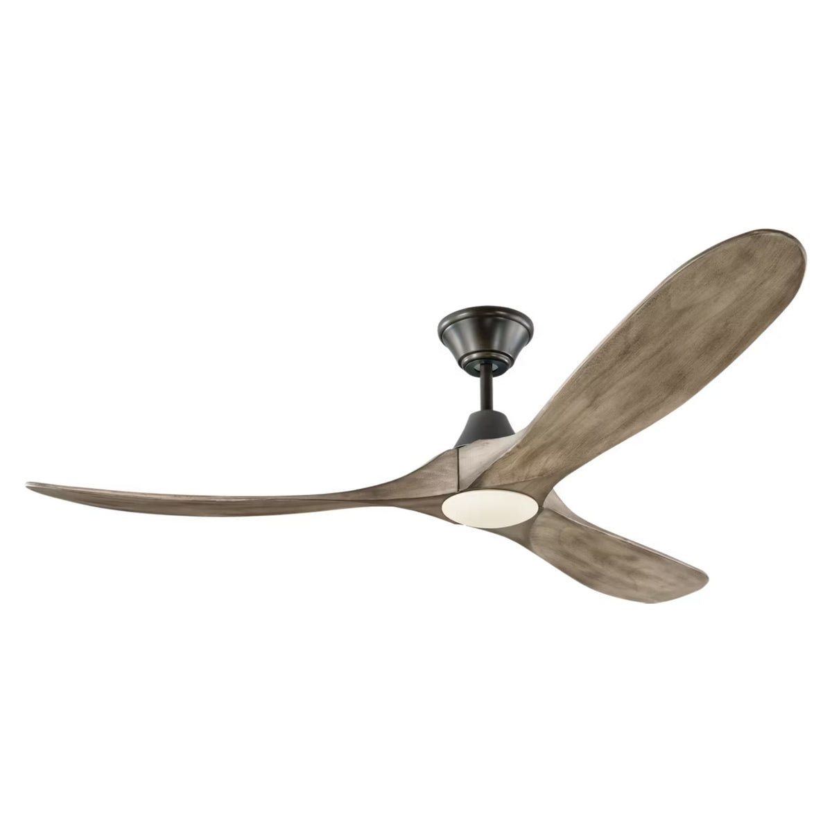 Ceiling fan with aged pewter housing, weathered oak blades, and LED light globe