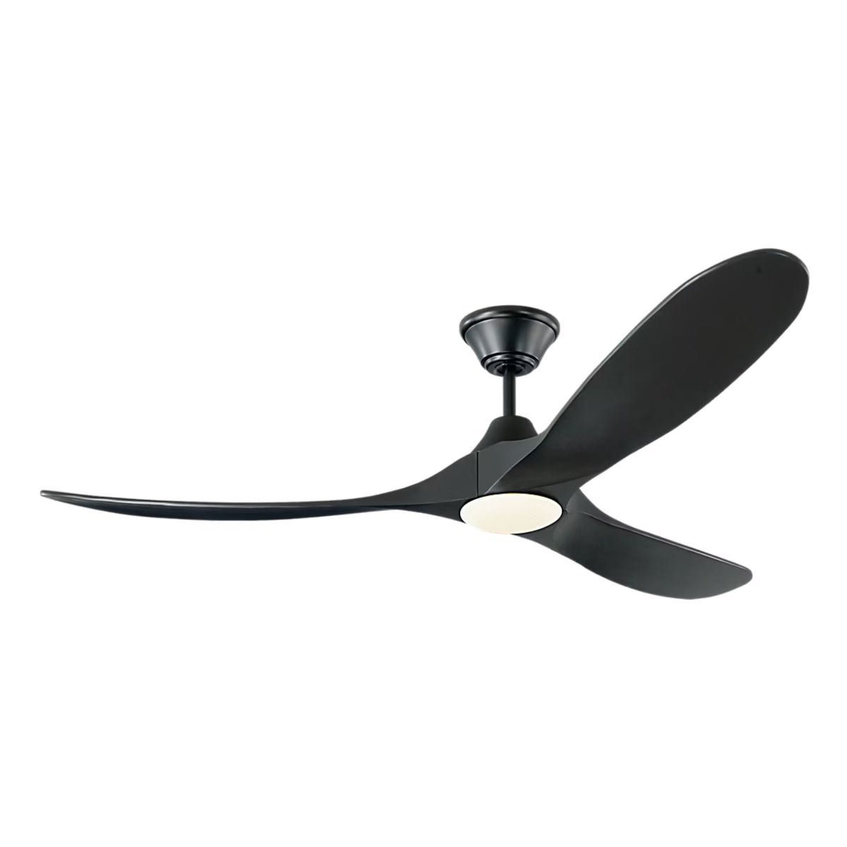 Matte black LED ceiling fan with three dark blades and a warm-toned integrated light