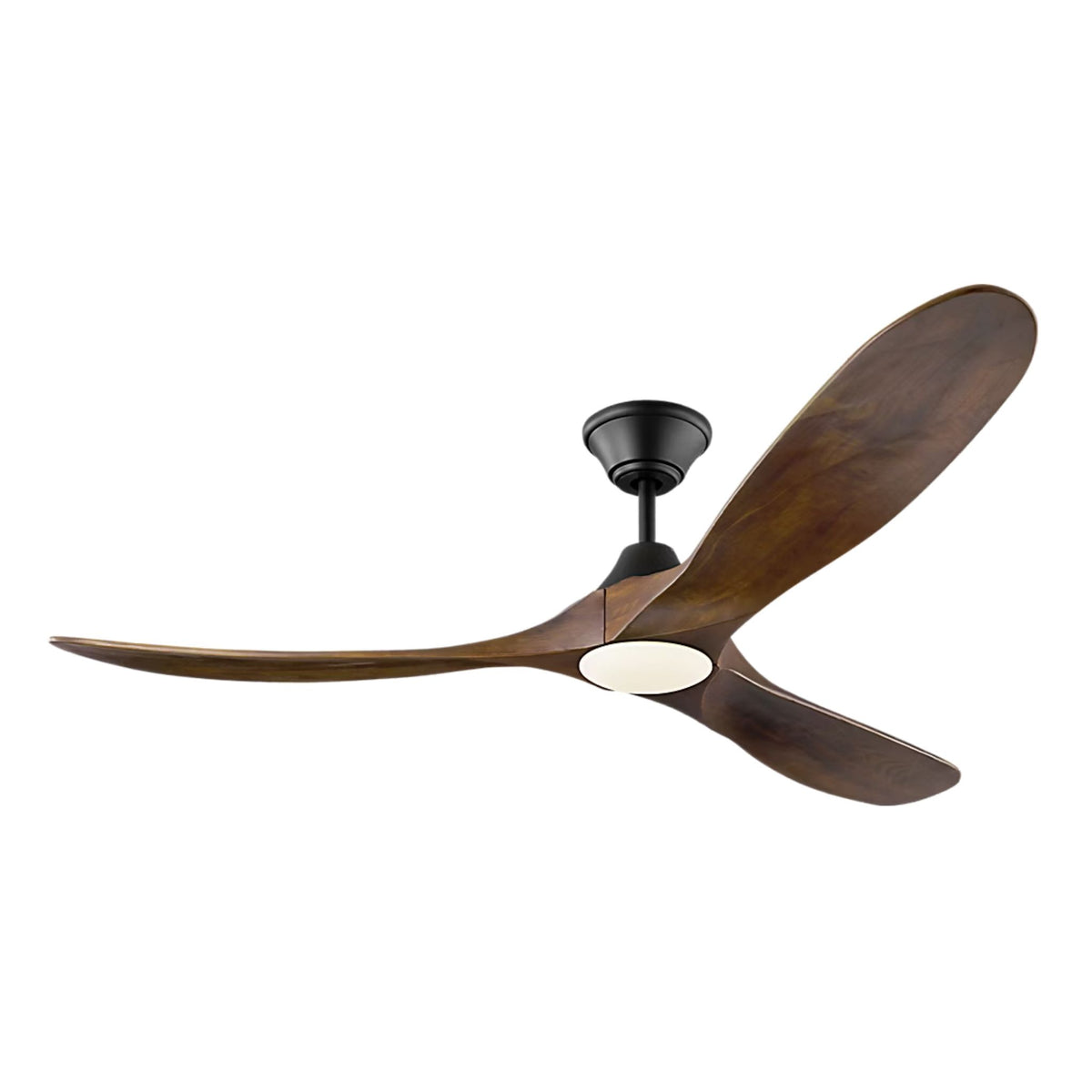 Matte black LED ceiling fan with three dark walnut blades and circular light