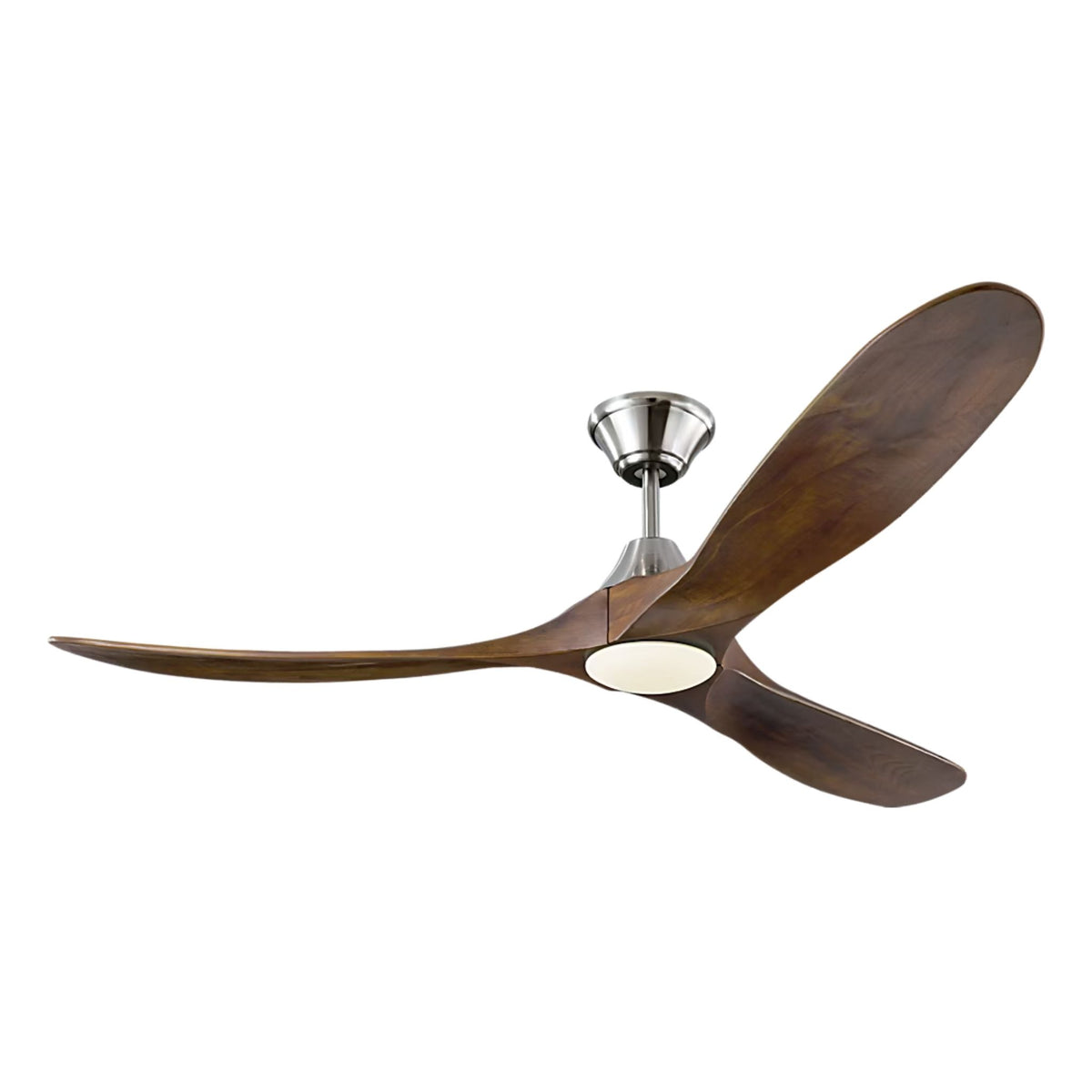 Brushed steel LED ceiling fan with dark walnut blades and frosted light