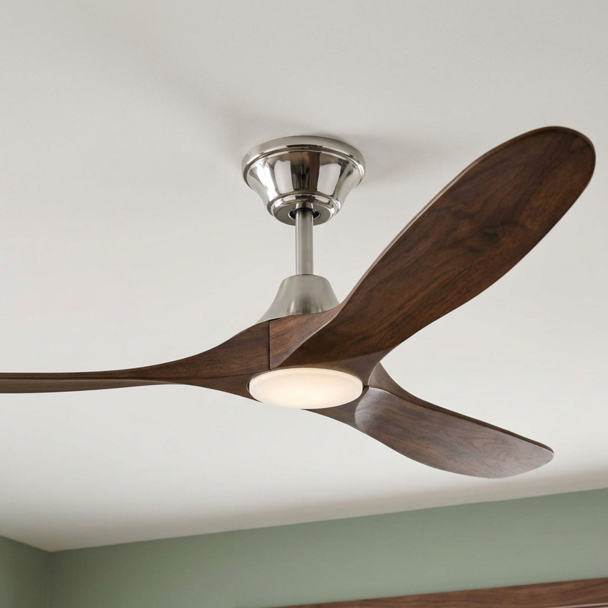 Brushed steel LED ceiling fan with dark walnut blades and round frosted light