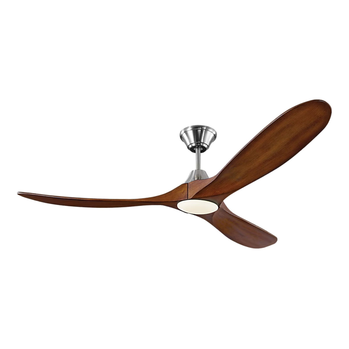 Ceiling fan with brushed steel housing, 4 koa wood blades, and frosted light