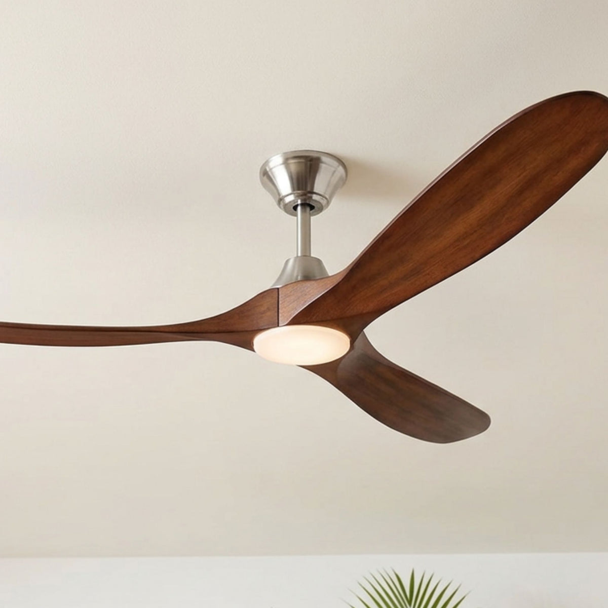 Brushed steel ceiling fan with koa blades and frosted light glass