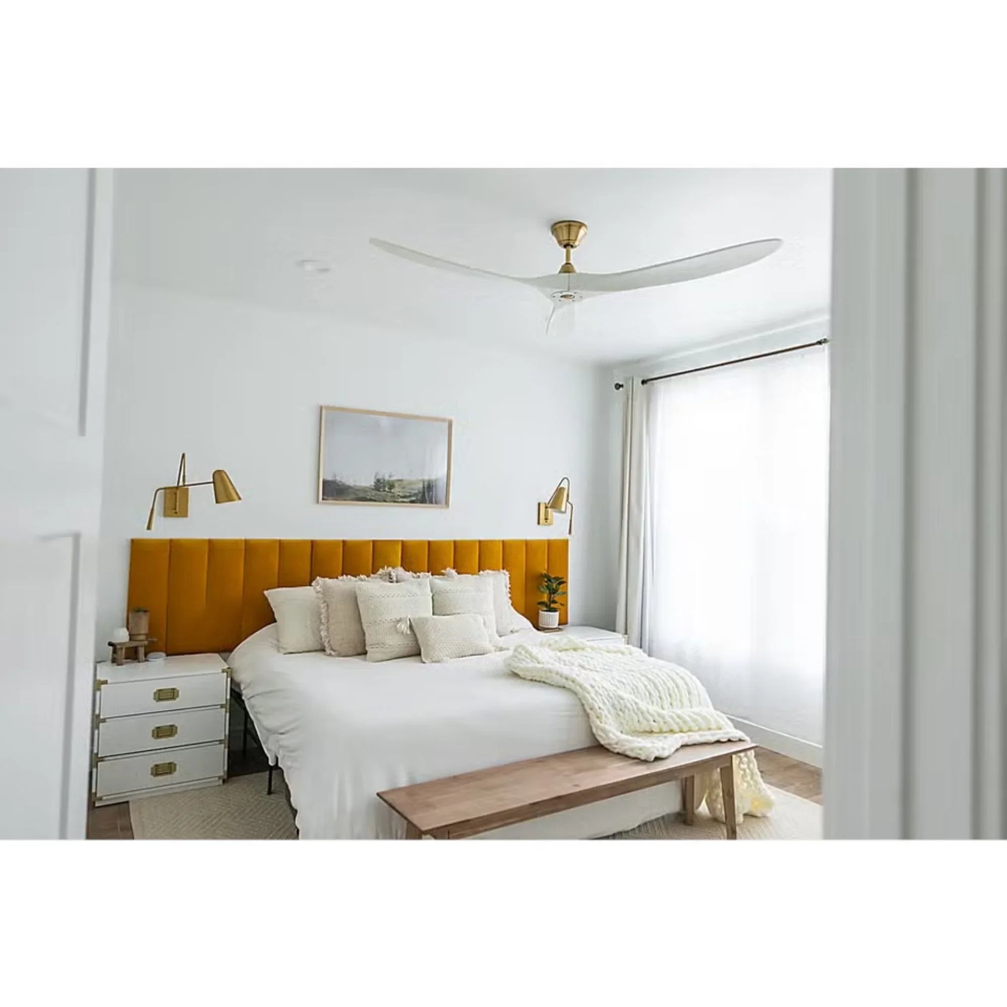 Maverick 60" White & Brass Damp Rated Ceiling Fan with Remote