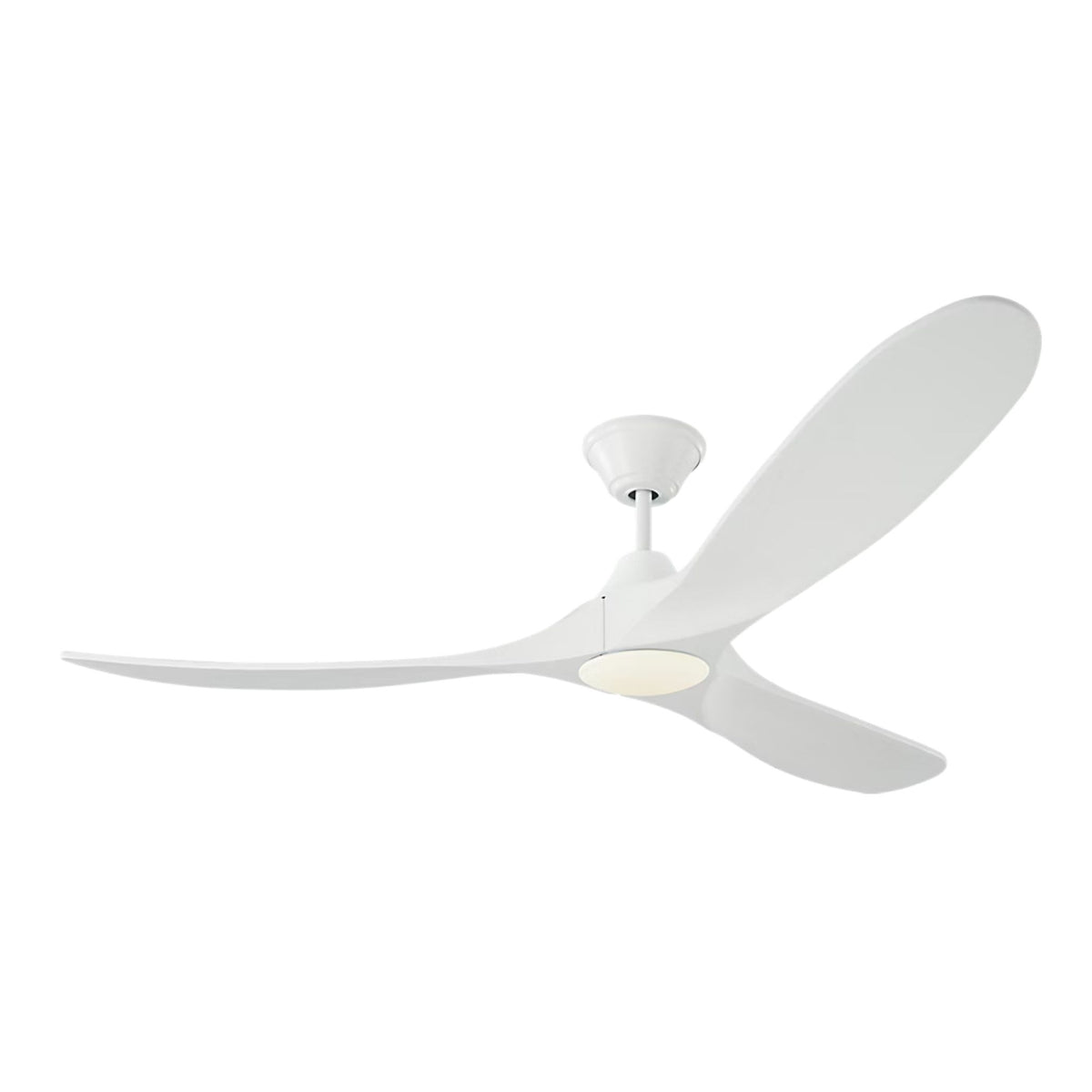 Matte white LED ceiling fan with three slim blades and flush white motor housing