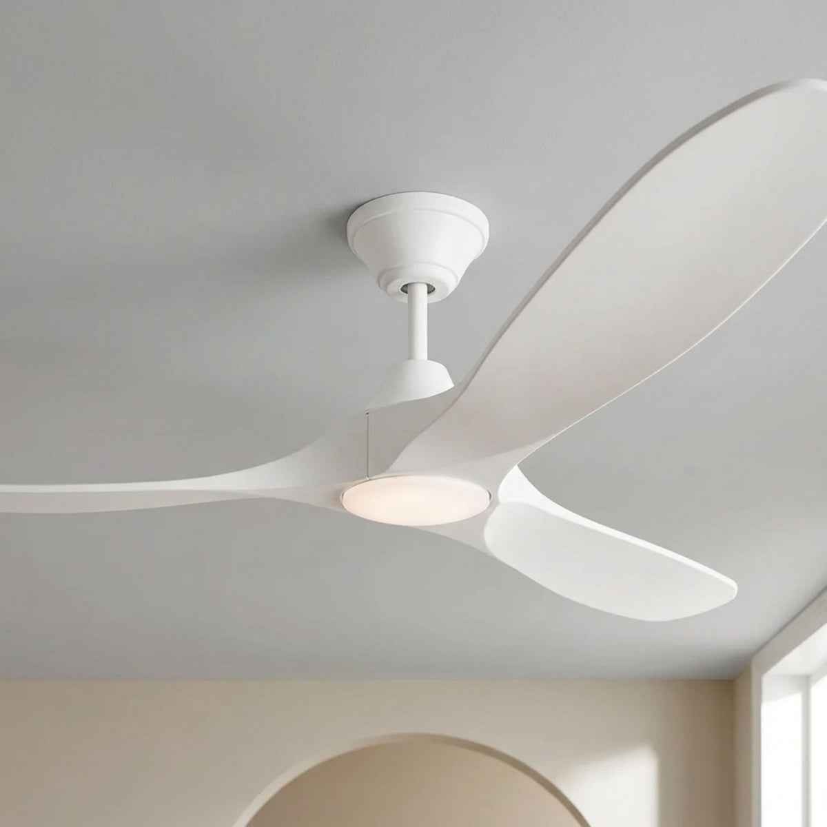 Matte white LED ceiling fan with three wide blades and integrated light housing