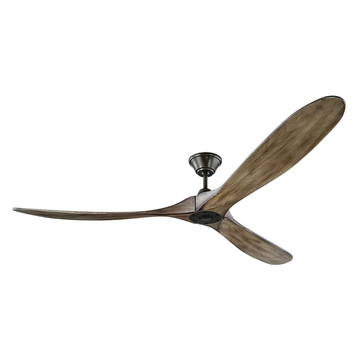 Outdoor ceiling fan with aged pewter motor and weathered oak four-blade set