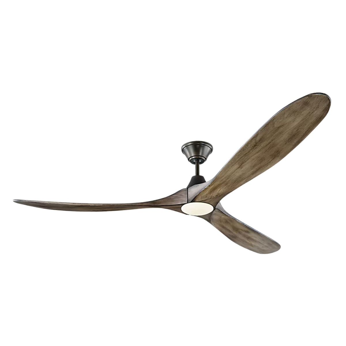 Ceiling fan with aged pewter housing, weathered oak blades, and frosted LED light