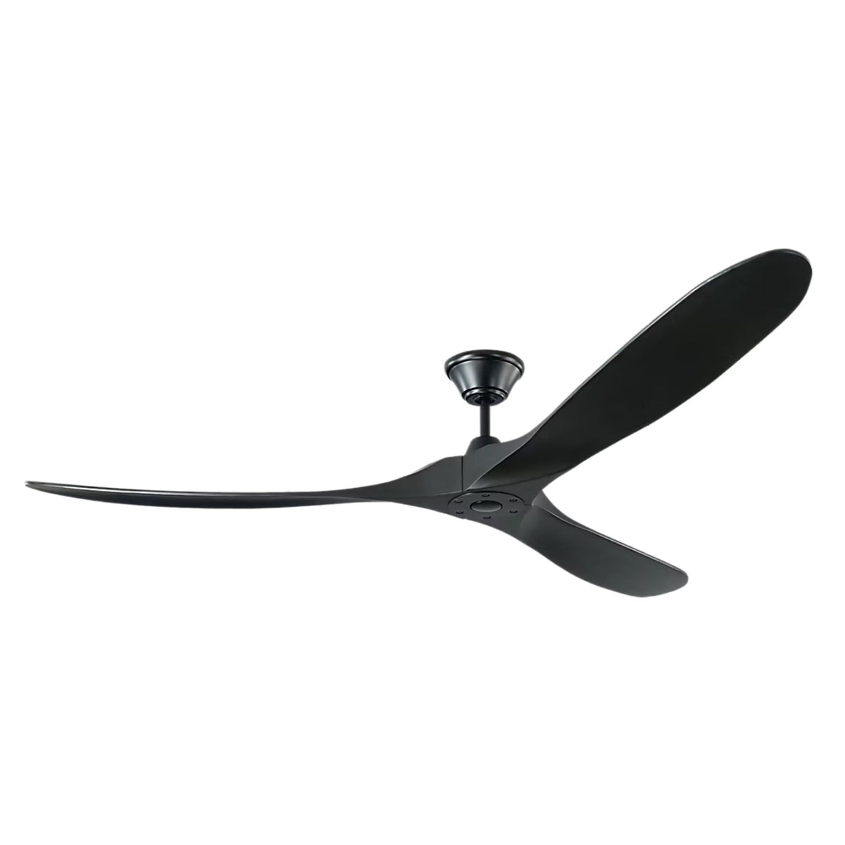 Matte black ceiling fan with three wide blades and round canopy mount.