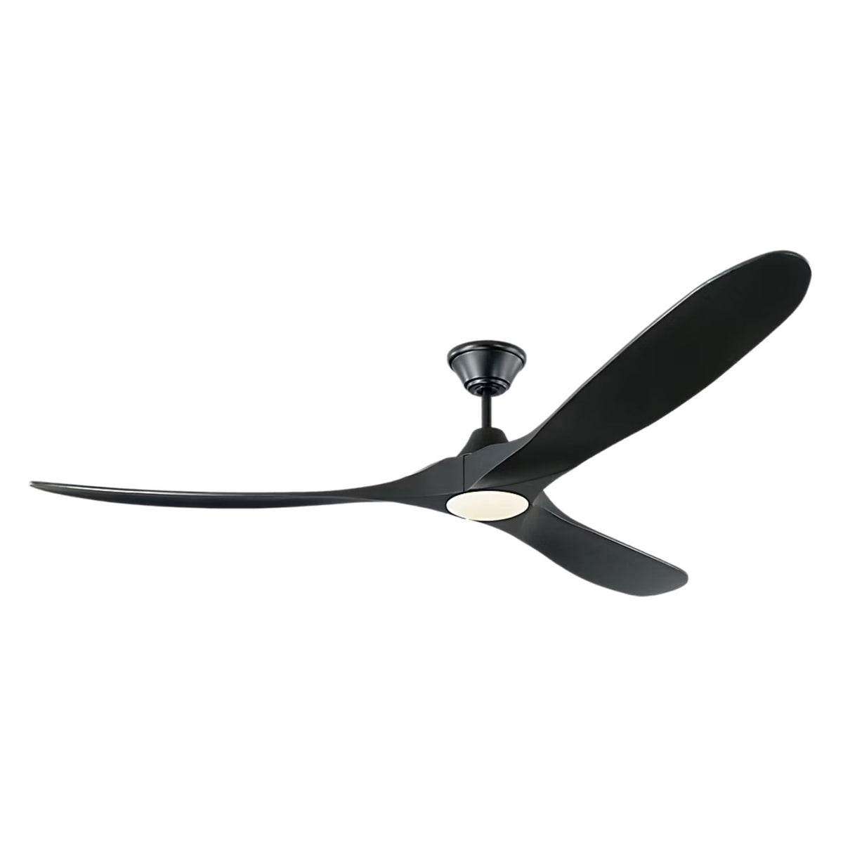 Matte black 3-blade LED ceiling fan with flush mount canopy and integrated light disc