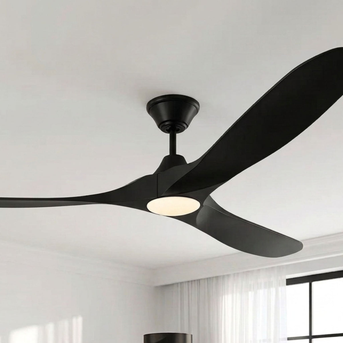 Matte black 3-blade LED ceiling fan with central circular light panel