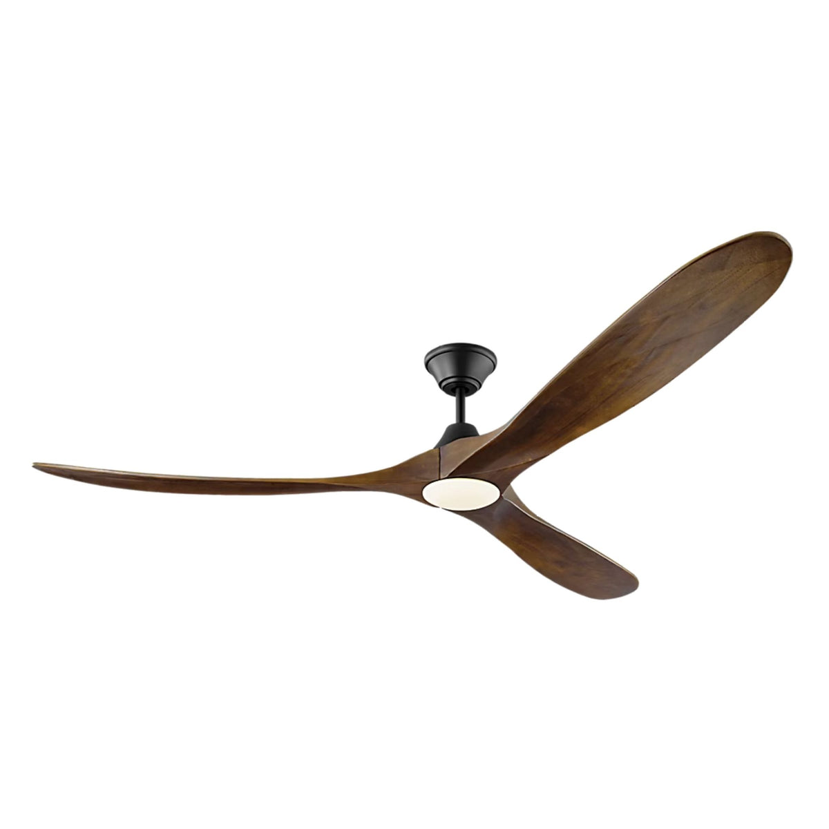 Visual Comfort Fan Maverick Max 70 in matte black ceiling fan with three dark walnut blades and integrated LED light, shown.