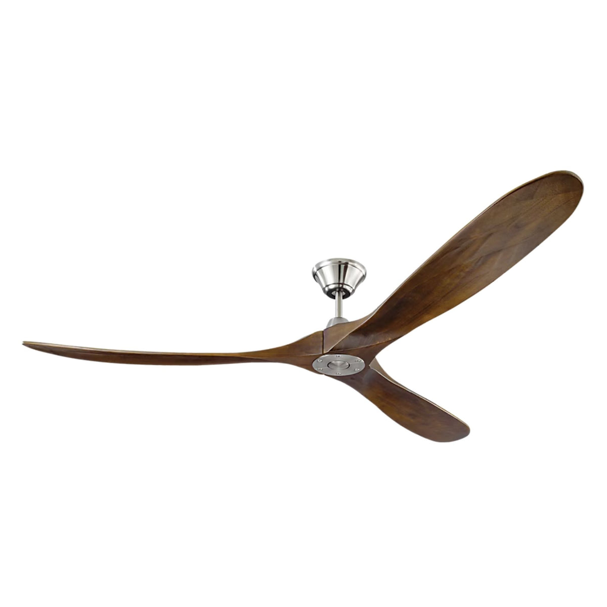 Ceiling fan with dark walnut blades and brushed steel motor housing