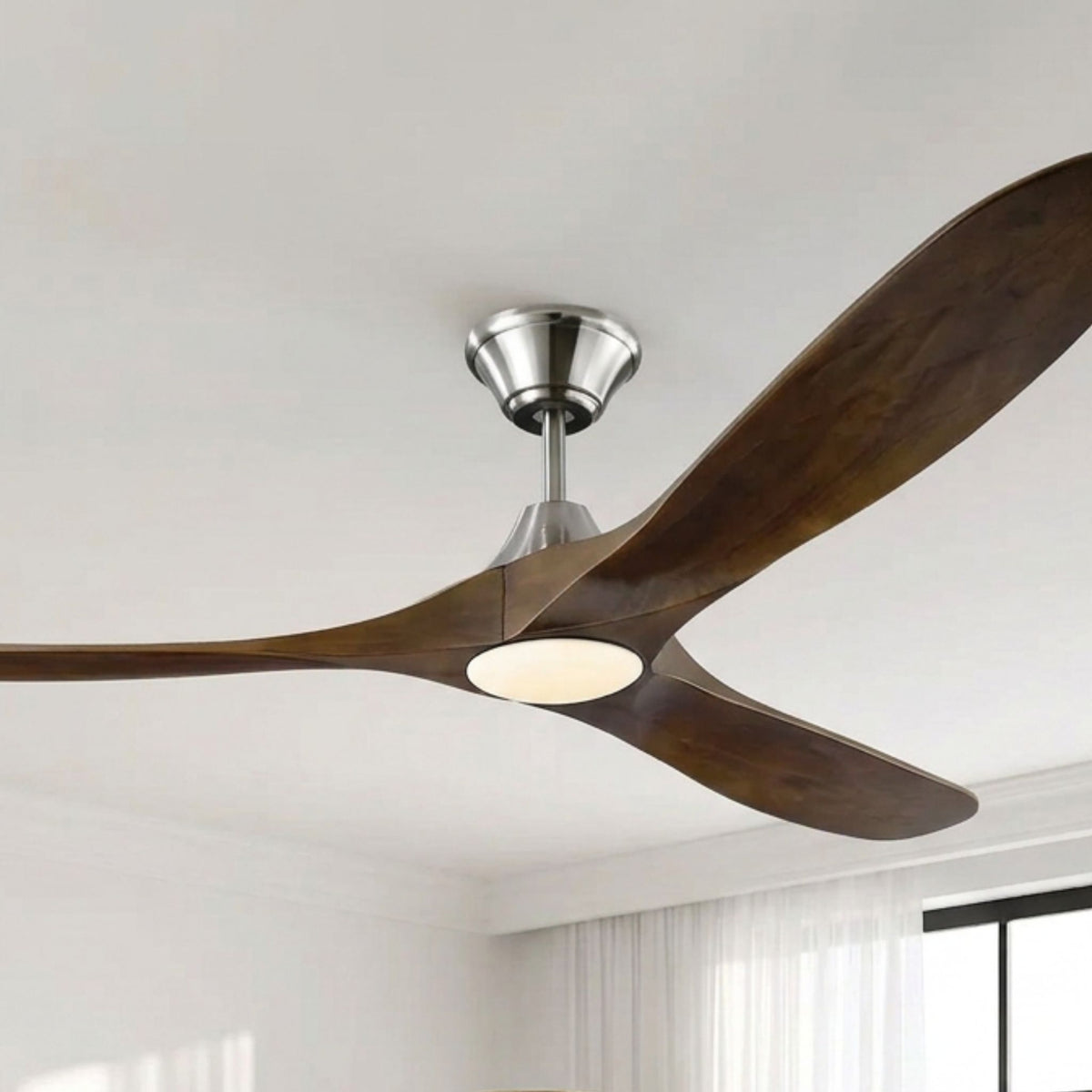 LED ceiling fan with brushed steel motor housing, dark walnut blades, frosted light