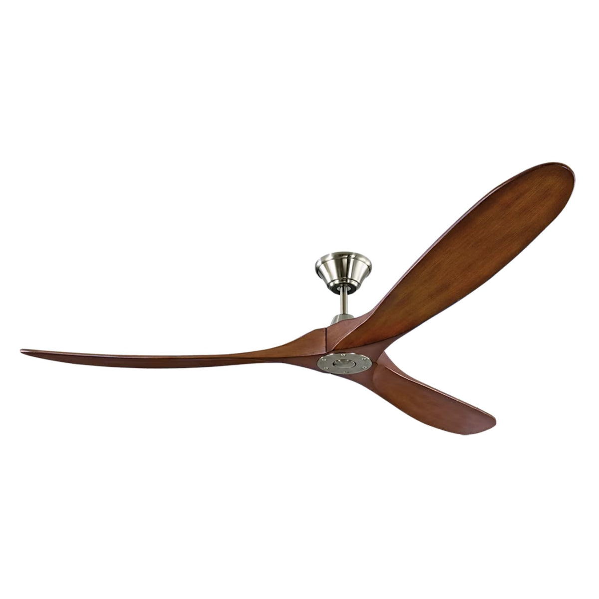 Ceiling fan with brushed steel motor housing and three koa wood blades