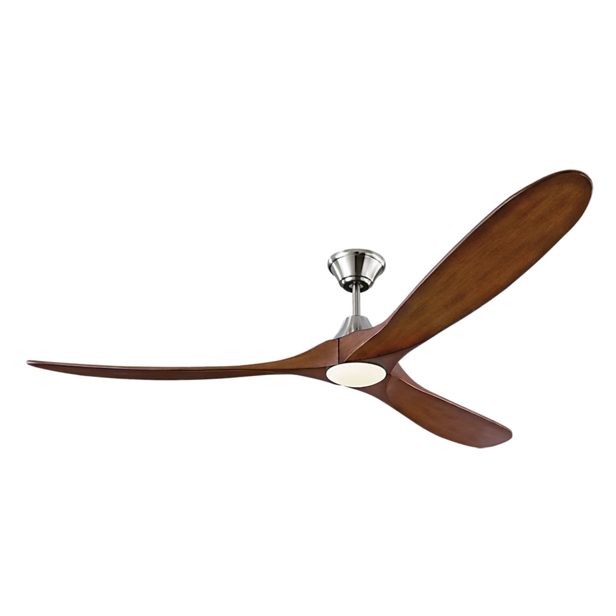 Brushed steel LED ceiling fan with three koa wood blades and frosted light cover