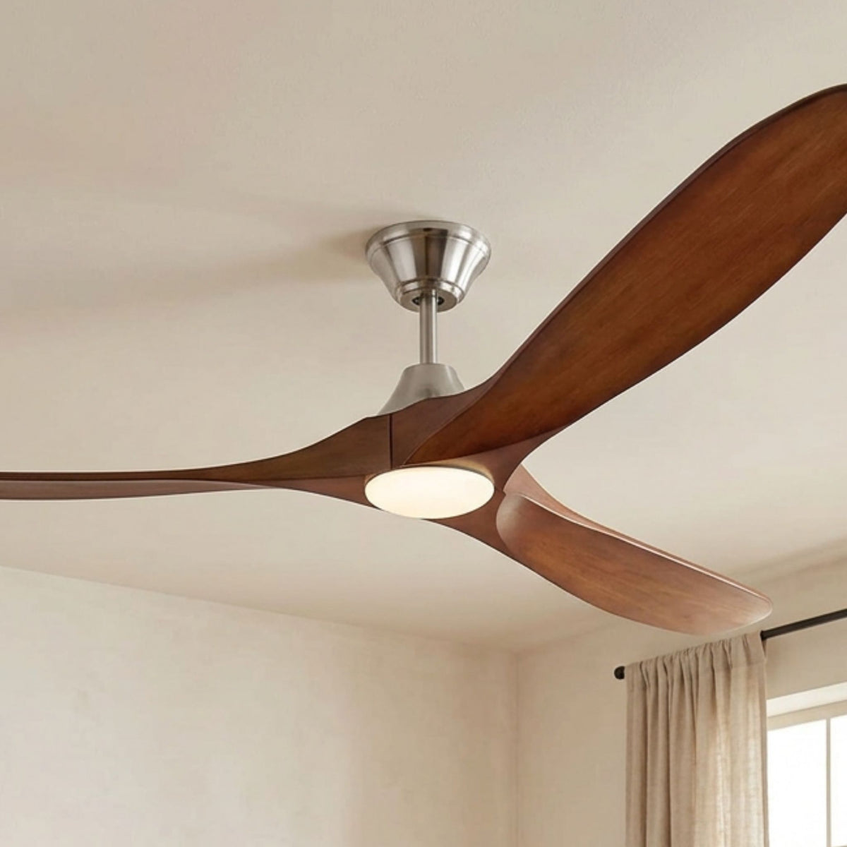 LED ceiling fan light kit with frosted cover and brushed steel housing, koa blades