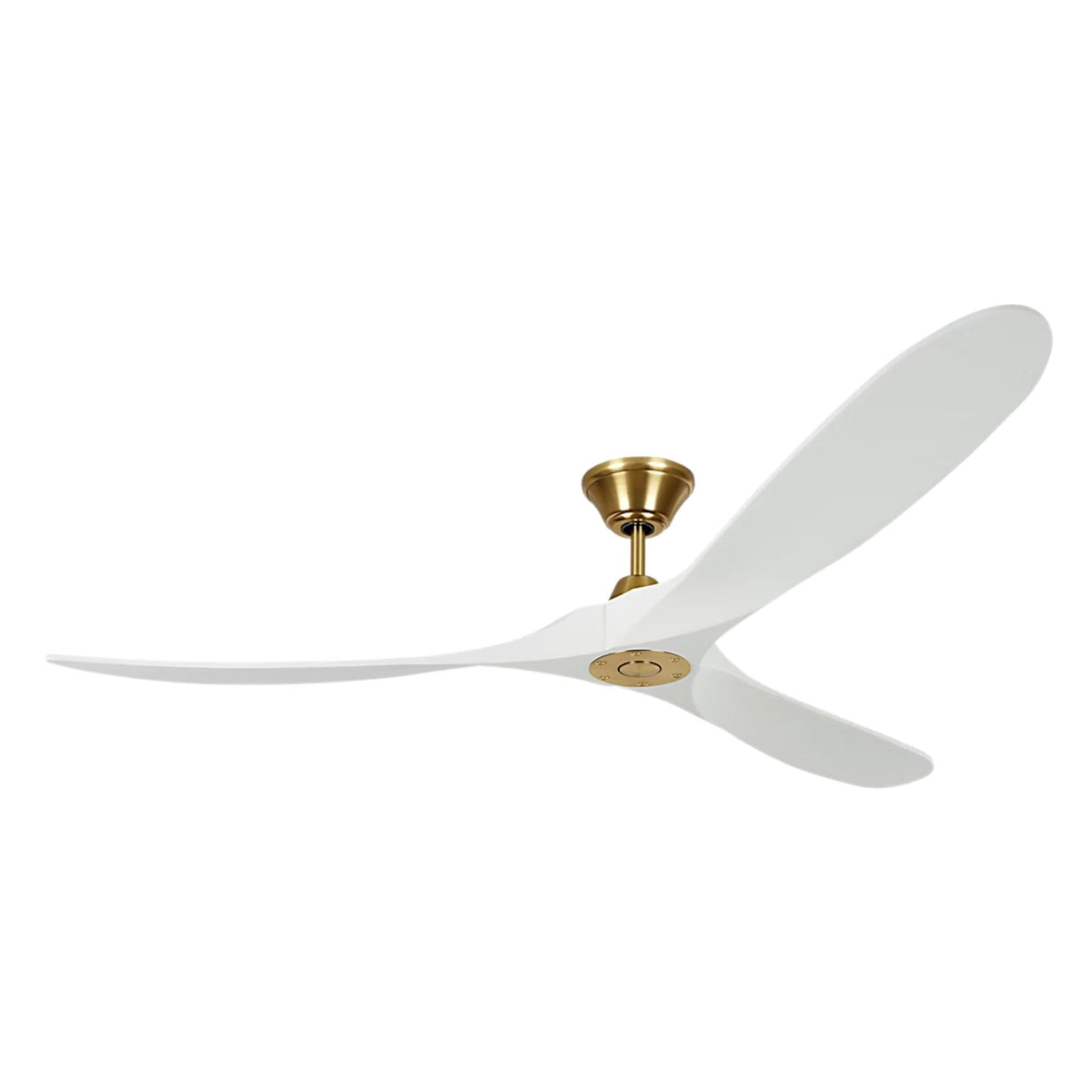 Matte white ceiling fan with burnished brass motor and five blades
