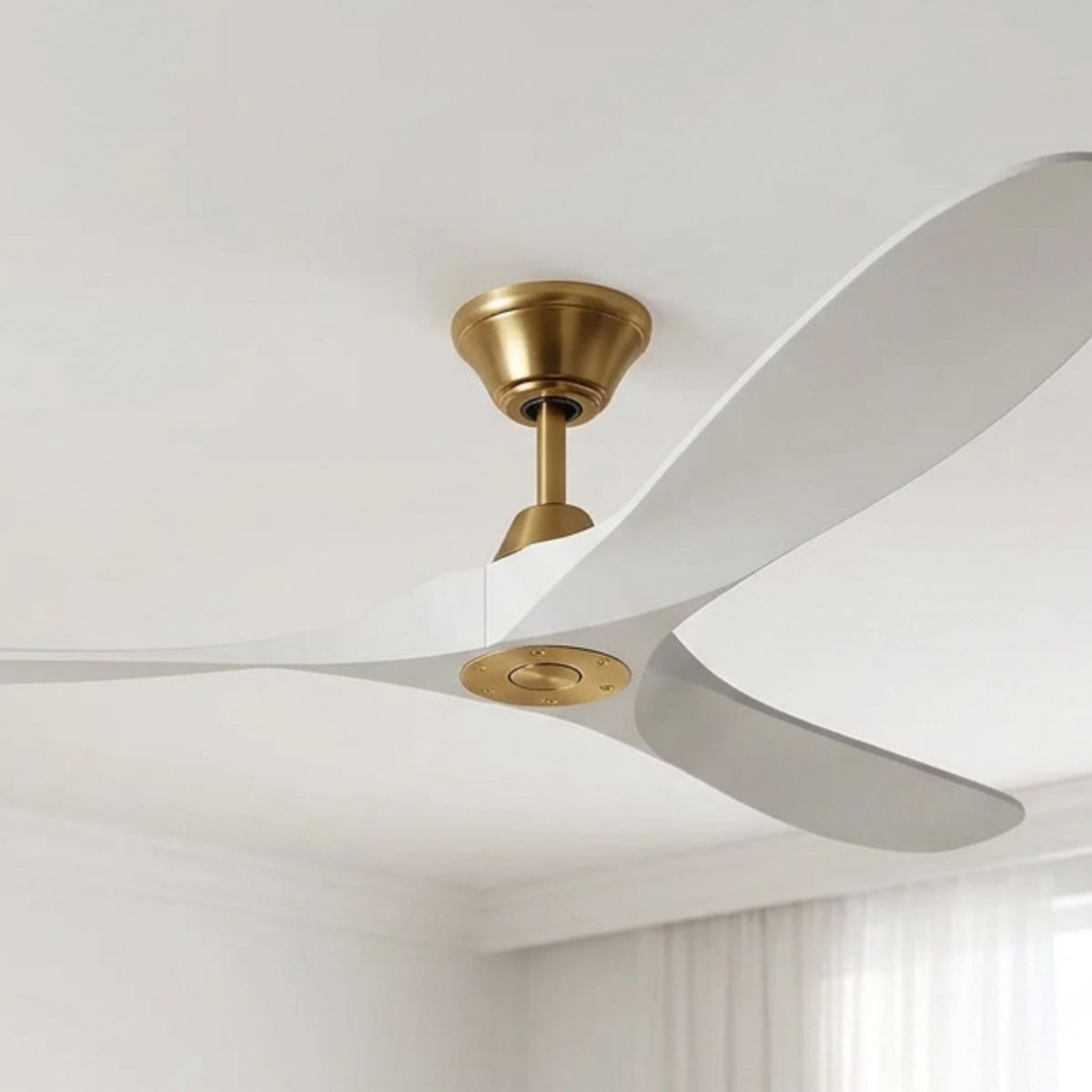 70-inch ceiling fan with white blades and gold brass motor housing