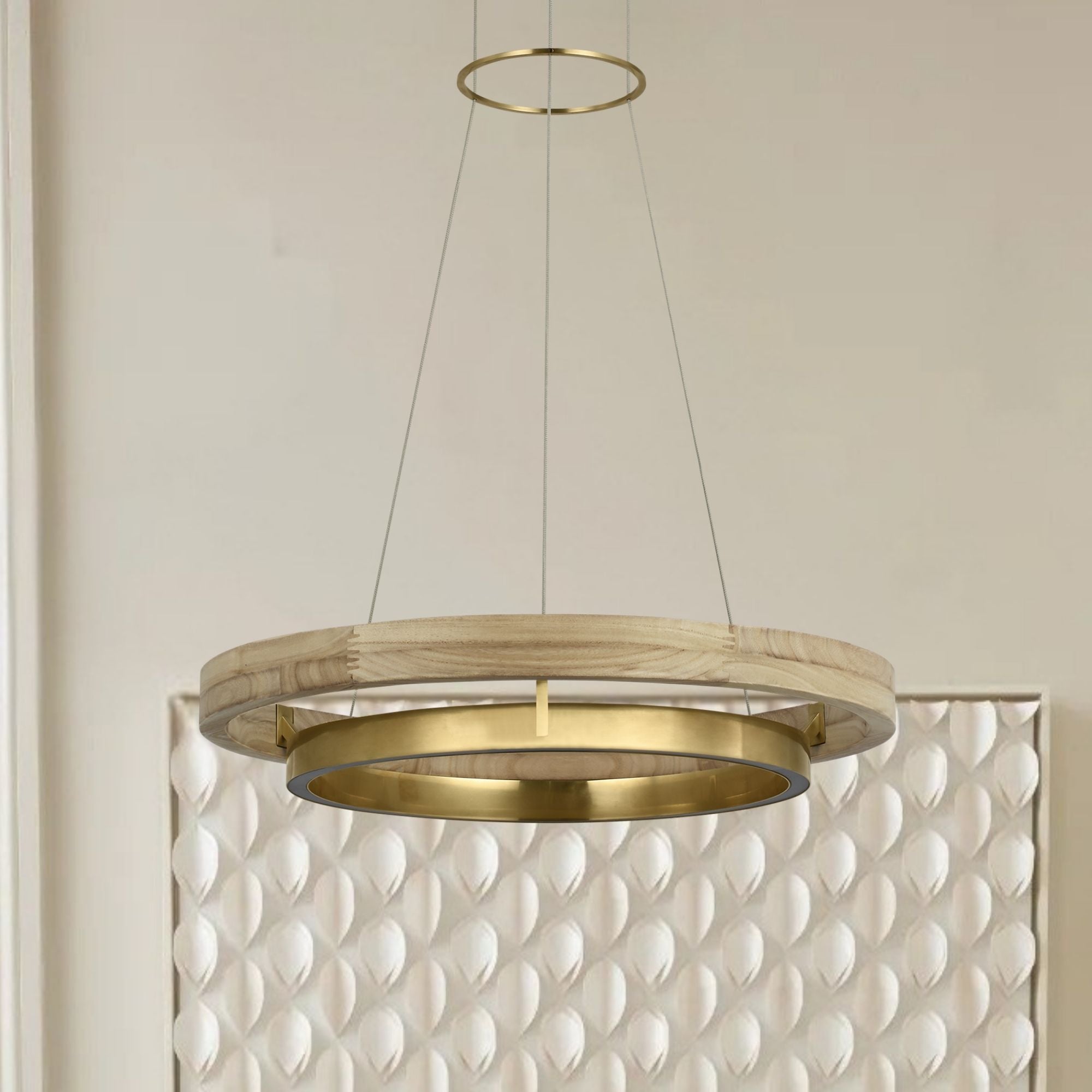 Grace 24" LED Chandelier, Antique Brass & Natural Oak Finish