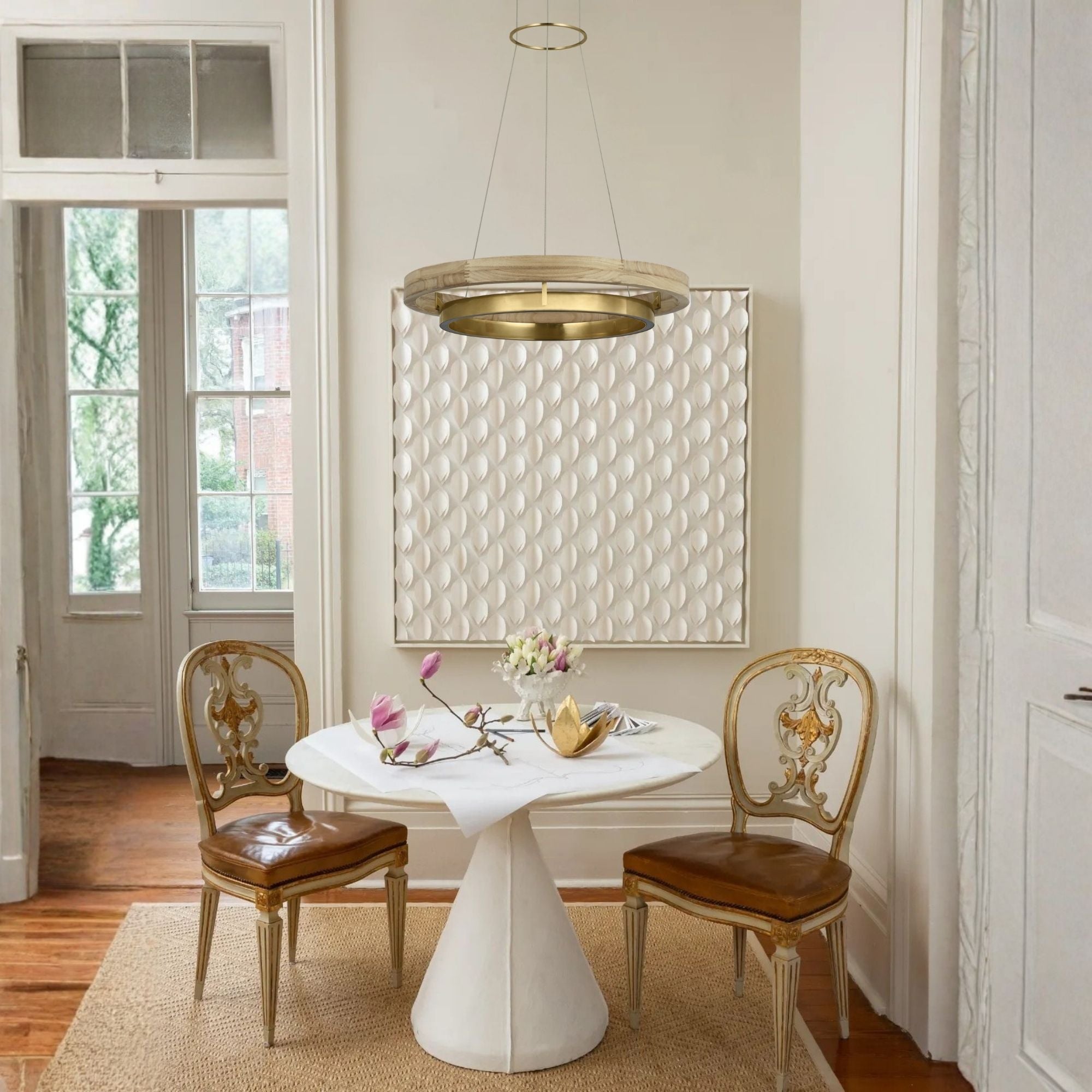 Grace 24" LED Chandelier, Antique Brass & Natural Oak Finish