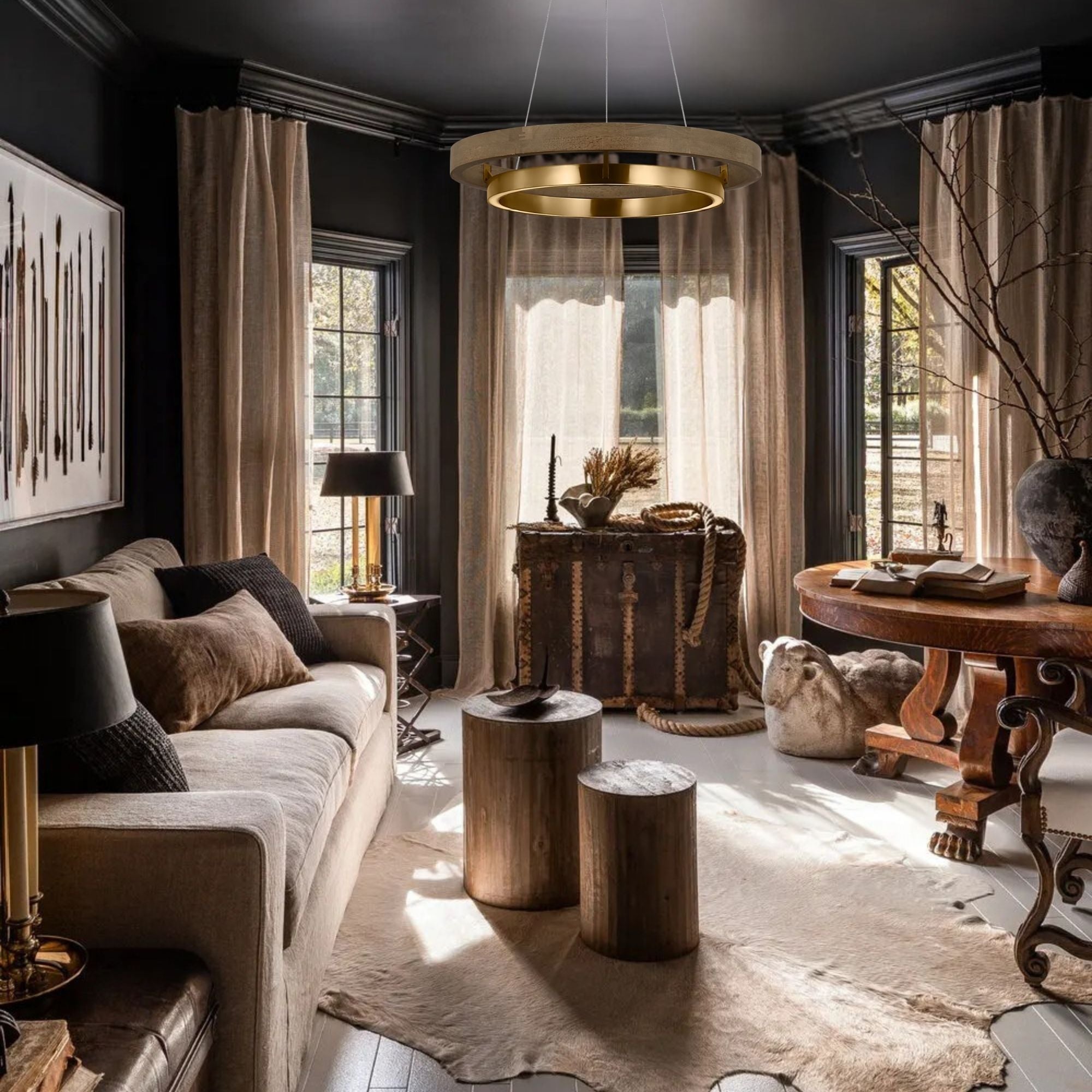 Grace 24" LED Chandelier, Natural Brass & Weathered Oak Finish