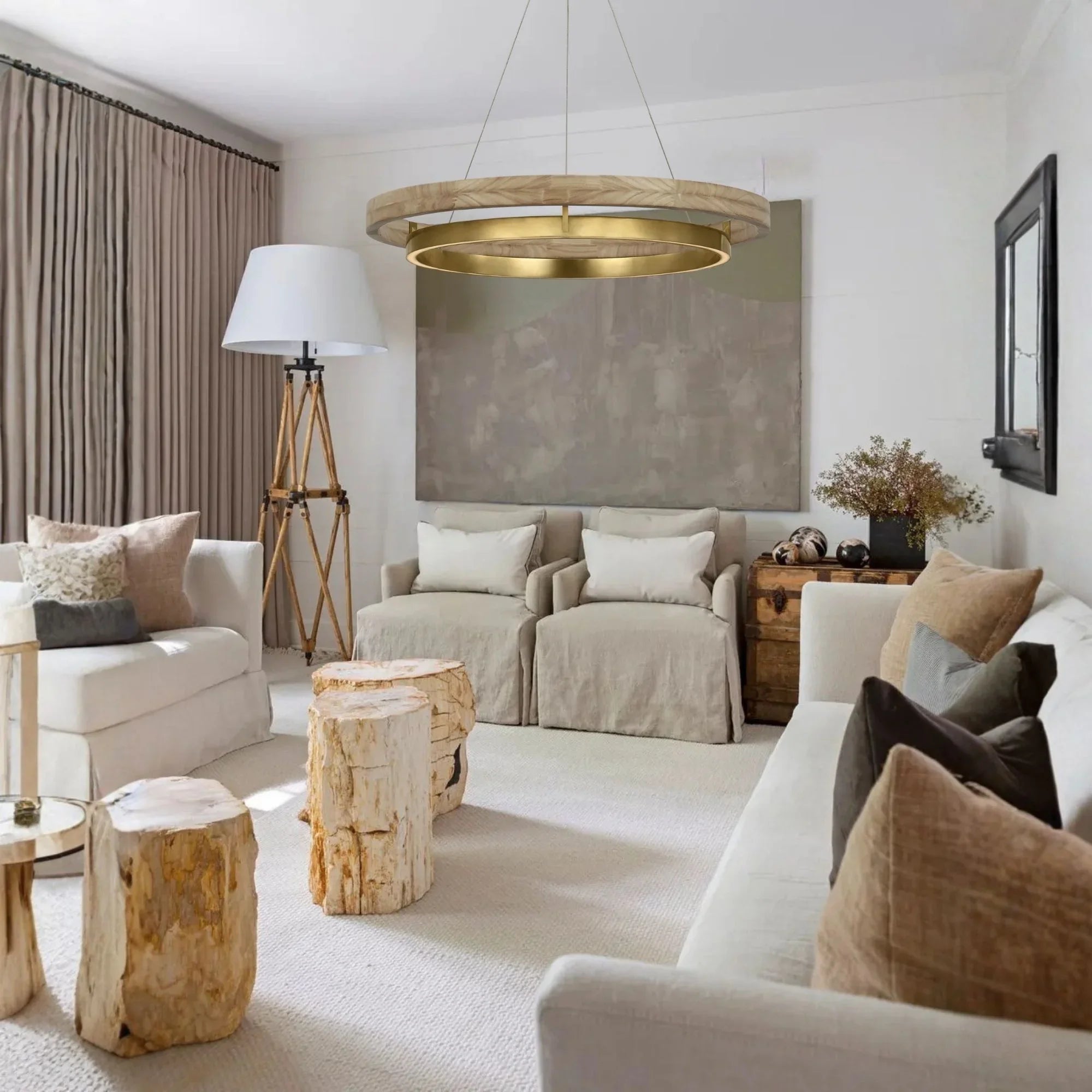 Grace 30" LED Chandelier, Antique Brass & Natural Oak Finish