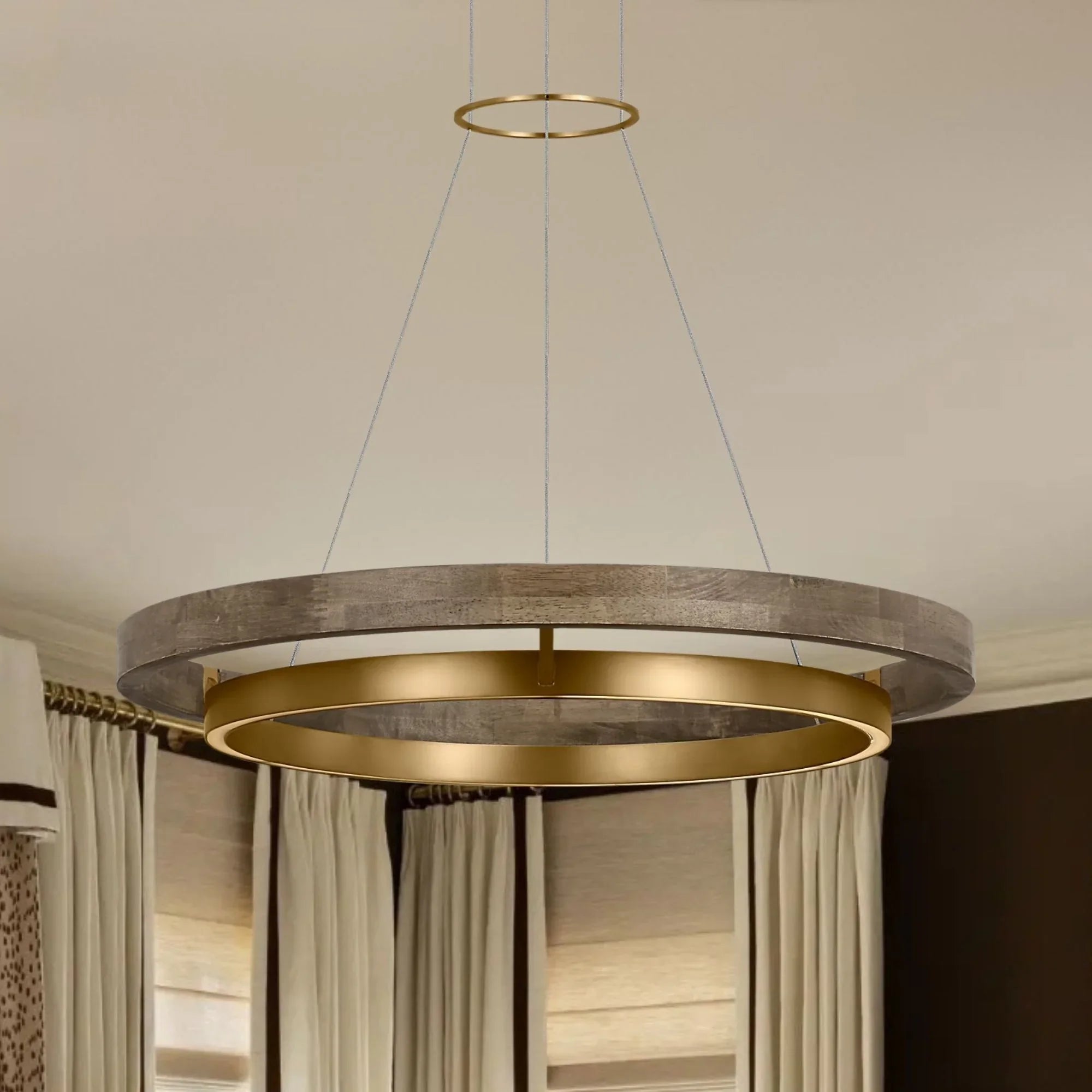 Grace 30" LED Chandelier, Natural Brass & Weathered Oak Finish