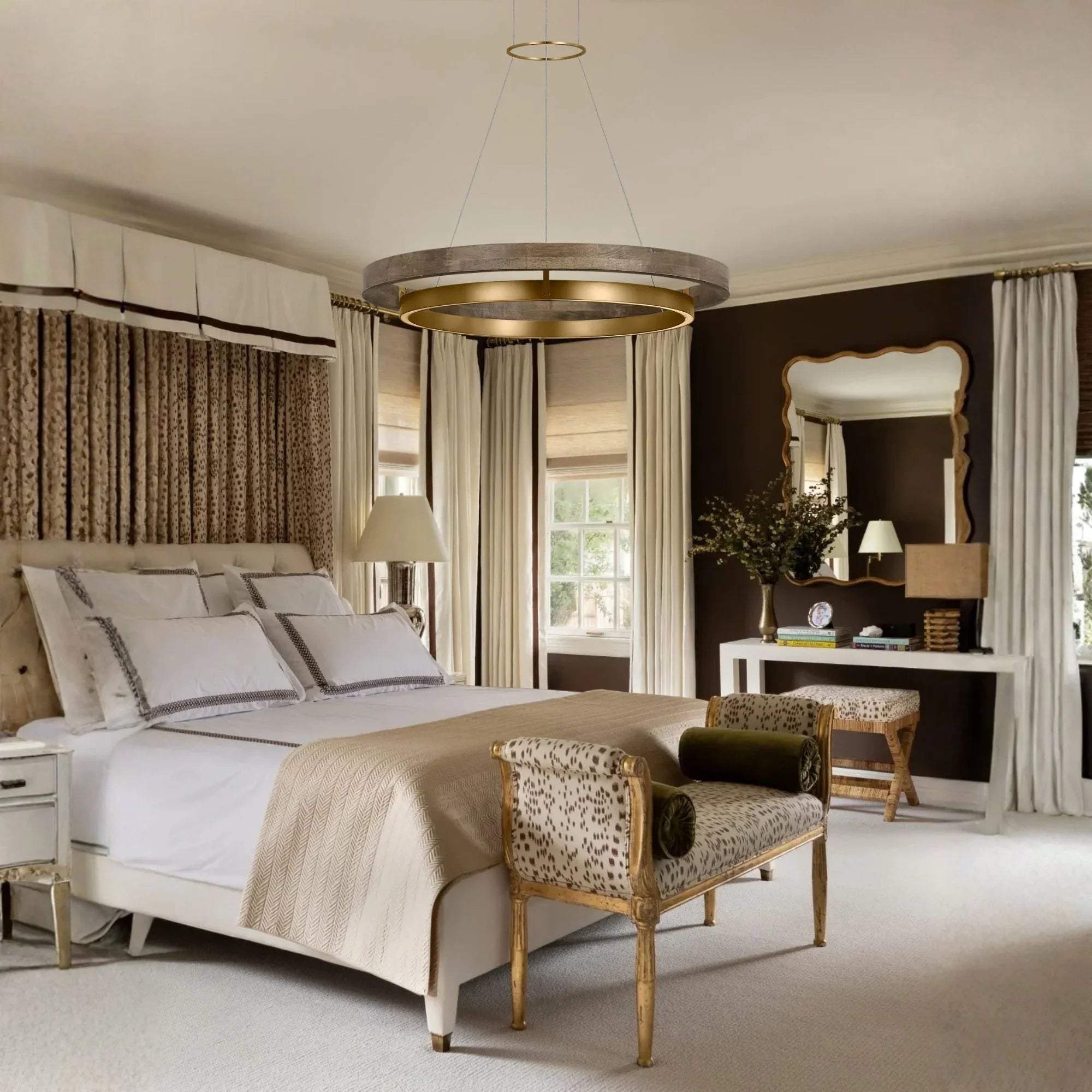 Grace 30" LED Chandelier, Natural Brass & Weathered Oak Finish